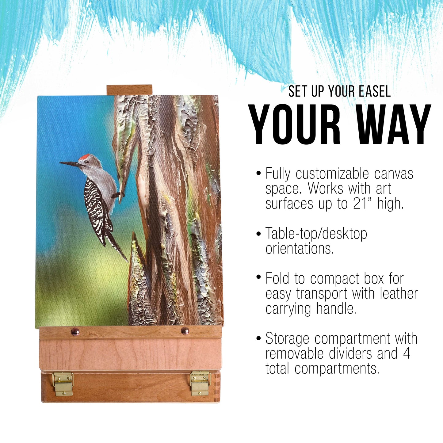 U.S. Art Supply Antigua Adjustable Wood Table Sketchbox Easel, Premium Beechwood - Portable Wooden Artist Desktop Storage Case - Store Art Paint, Markers, Sketch Pad - Box for Drawing, Painting