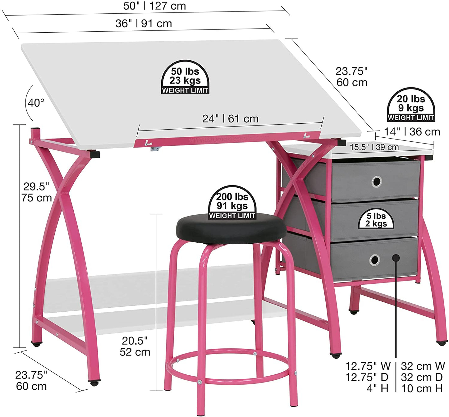 SD Studio Designs 2 Piece Venus Craft Table with Angle Adjustable Top and Stool