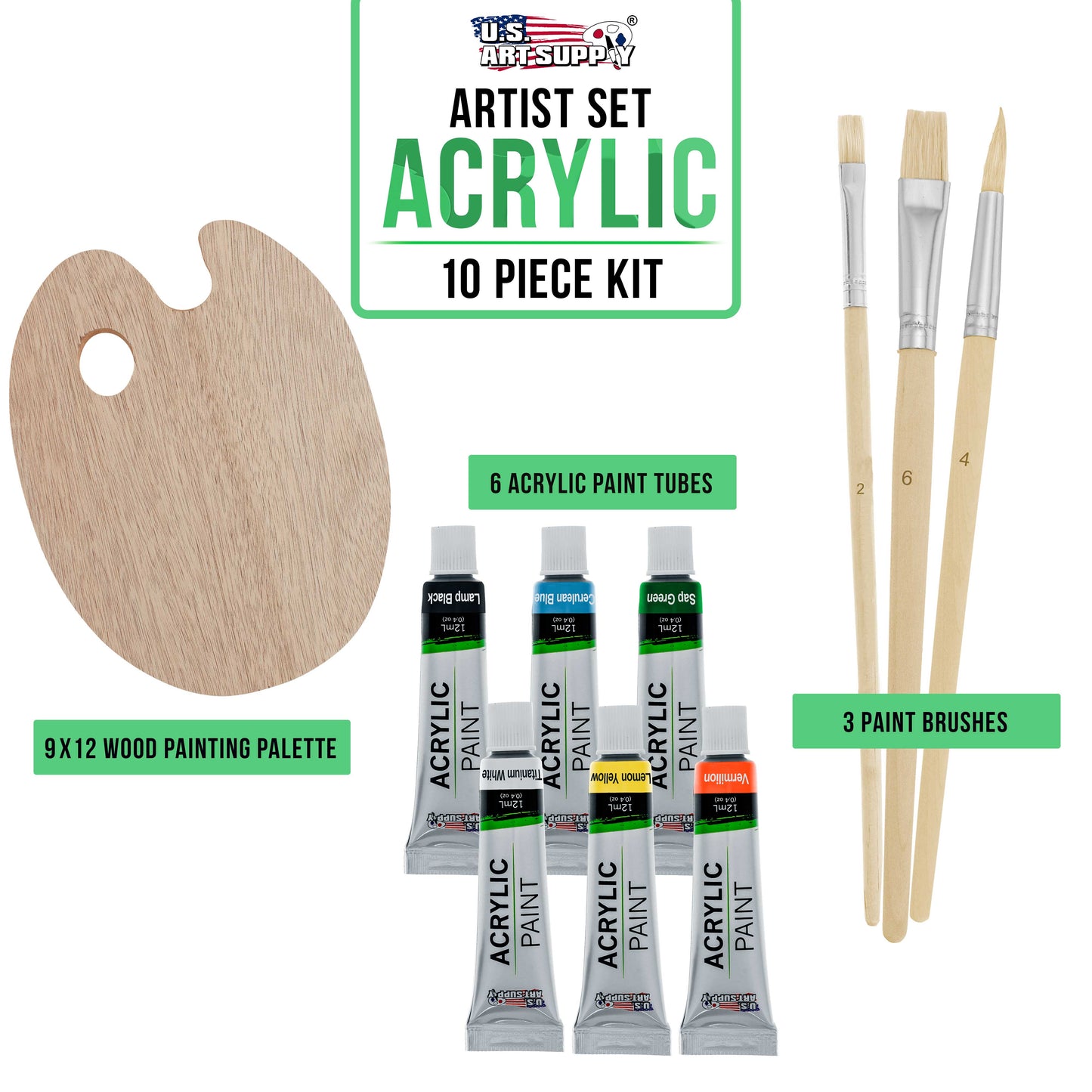 US Art Supply Wood Palette with 6-Piece Acrylic Paint Set & 3-Piece Brush Set