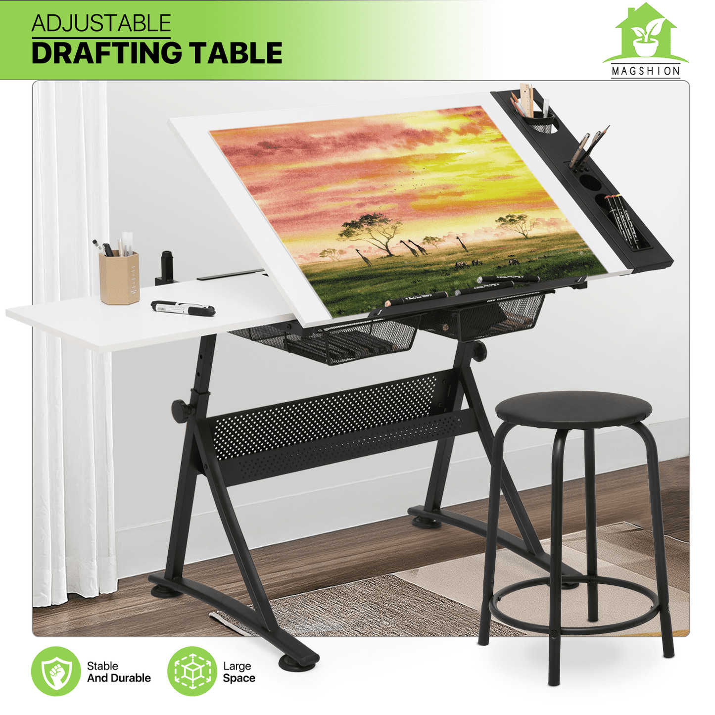 Magshion Drafting Table Desk with Stool