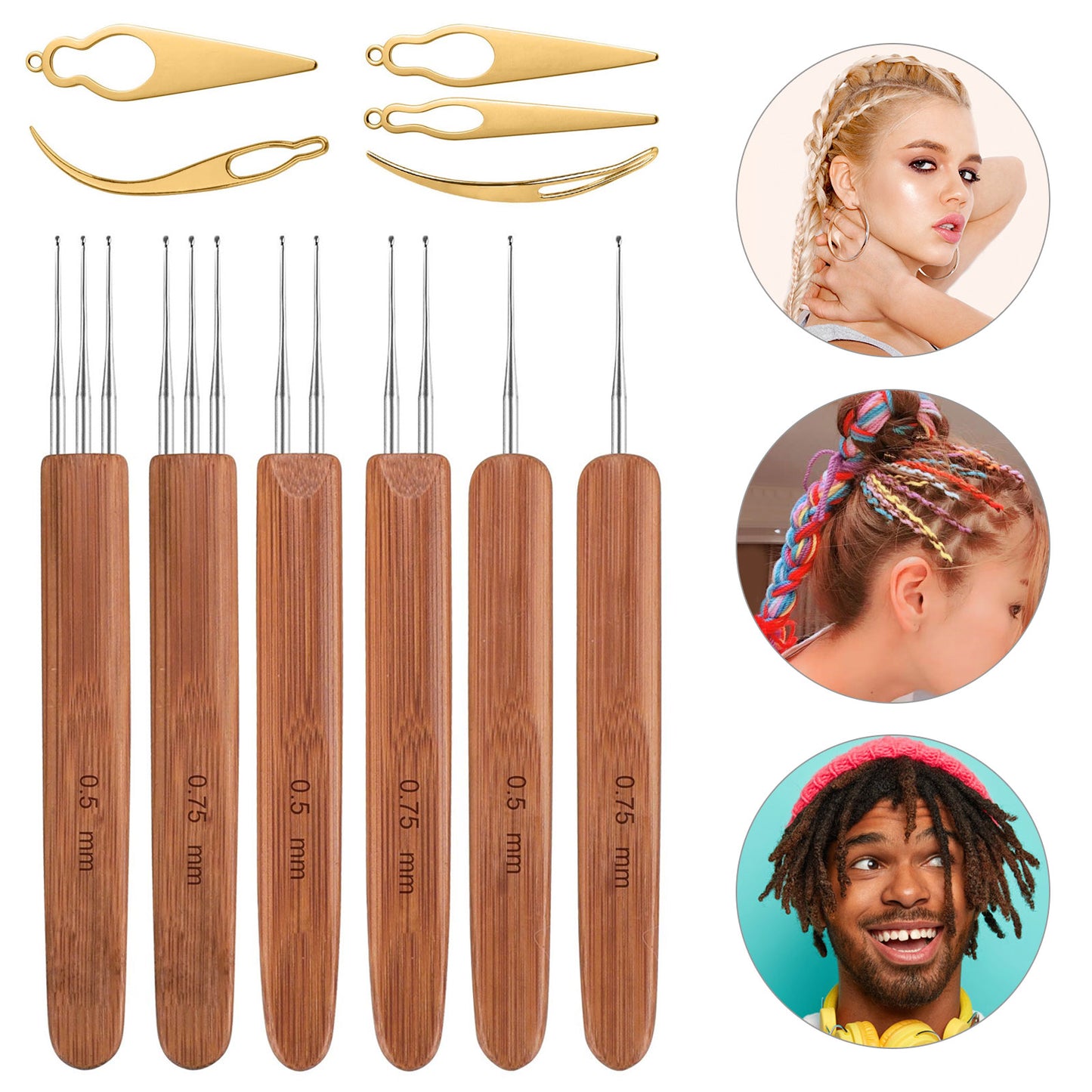 11pcs Dreadlocks Crochet Hooks Set, EEEkit 0.5mm 0.75mm Dreadlock Weaving Needle, Steel Crochet Hook with Bamboo Handle Interlocking Needles