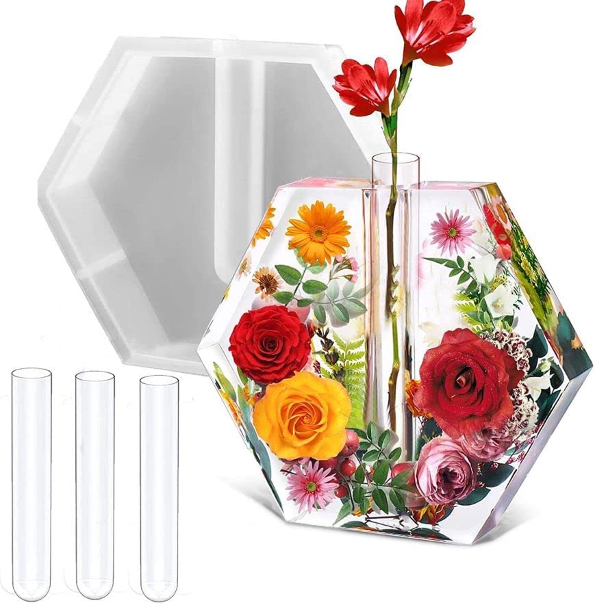 Large Hexagon Silicone Molds for Resin, Glossy Deep Epoxy Resin Molds 9" w/3 Test Tubes,3D Large Resin Molds for Flowers Preservation,Resin Art, DIY Wedding,Anniversary, Birthday Gifts, Home Decors