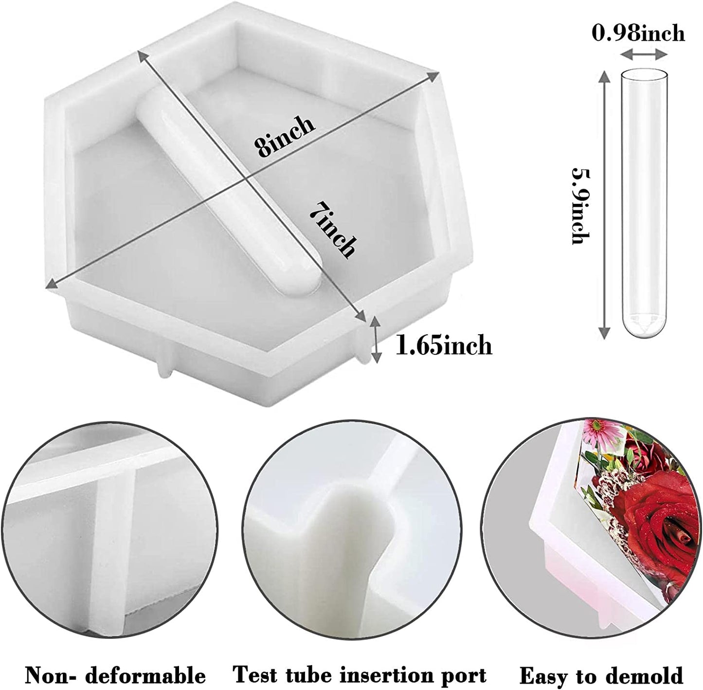 Large Hexagon Silicone Molds for Resin, Glossy Deep Epoxy Resin Molds 9" w/3 Test Tubes,3D Large Resin Molds for Flowers Preservation,Resin Art, DIY Wedding,Anniversary, Birthday Gifts, Home Decors