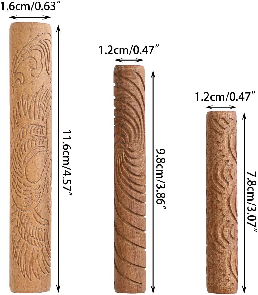 OwnMy Set of 10 Clay Modeling Pattern Rollers Kit, Dragon Phoenix Propitious Clouds 3D Geometry Cookie Radial Rays Prismatic Wood Wave Pattern Clay Rolling Pin Textured Wooden Handle Pottery Tools Set