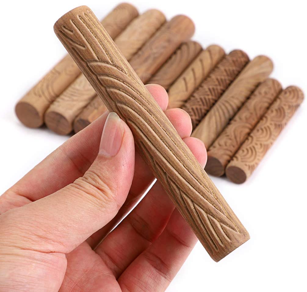 OwnMy Set of 10 Clay Modeling Pattern Rollers Kit, Dragon Phoenix Propitious Clouds 3D Geometry Cookie Radial Rays Prismatic Wood Wave Pattern Clay Rolling Pin Textured Wooden Handle Pottery Tools Set