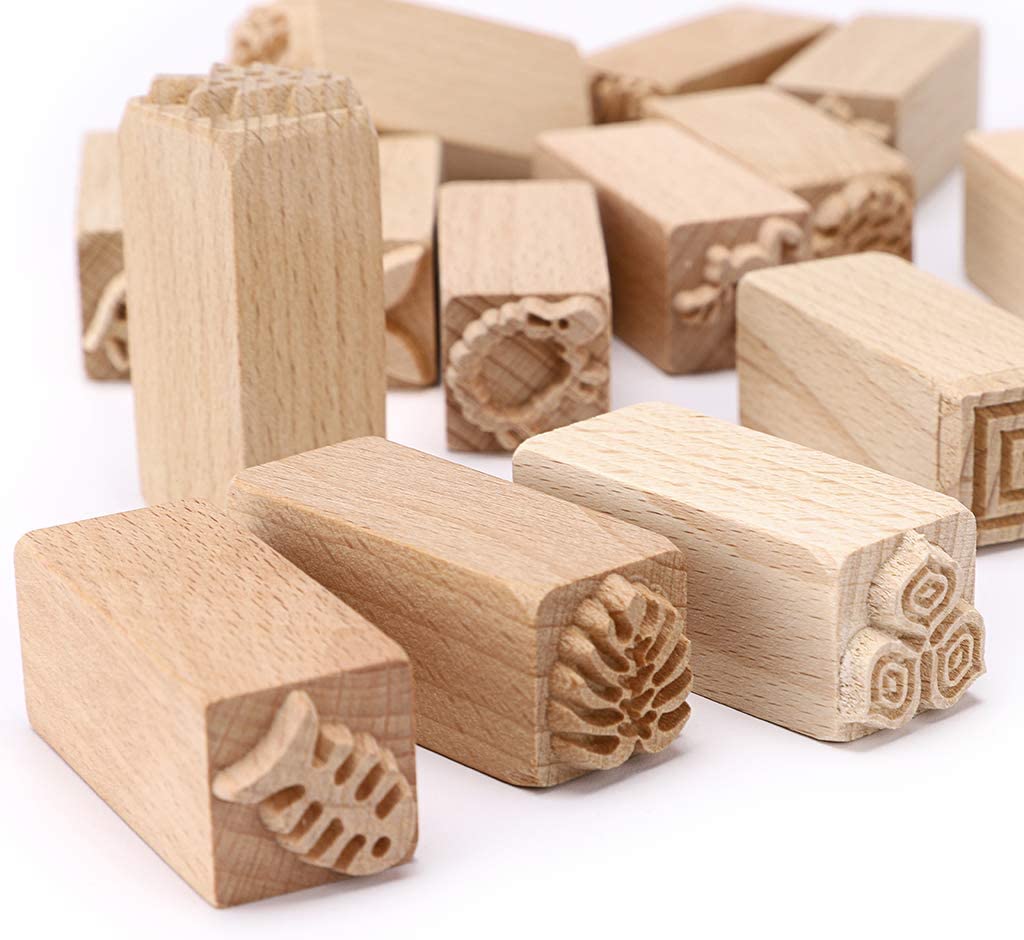 OWNMY Set of 16 Clay Modeling Pattern Stamp Kit, Wooden Clay Pottery Stamps Pottery Tool Wood Block Stamp, Clay Rolling Pin Textured Hand Roller Wooden Handle Pottery Tools Set