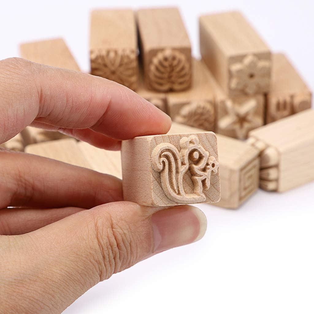 OWNMY Set of 16 Clay Modeling Pattern Stamp Kit, Wooden Clay Pottery Stamps Pottery Tool Wood Block Stamp, Clay Rolling Pin Textured Hand Roller Wooden Handle Pottery Tools Set