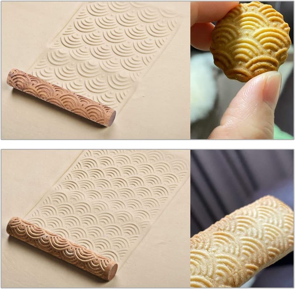 OwnMy Set of 10 Clay Modeling Pattern Rollers Kit, Dragon Phoenix Propitious Clouds 3D Geometry Cookie Radial Rays Prismatic Wood Wave Pattern Clay Rolling Pin Textured Wooden Handle Pottery Tools Set