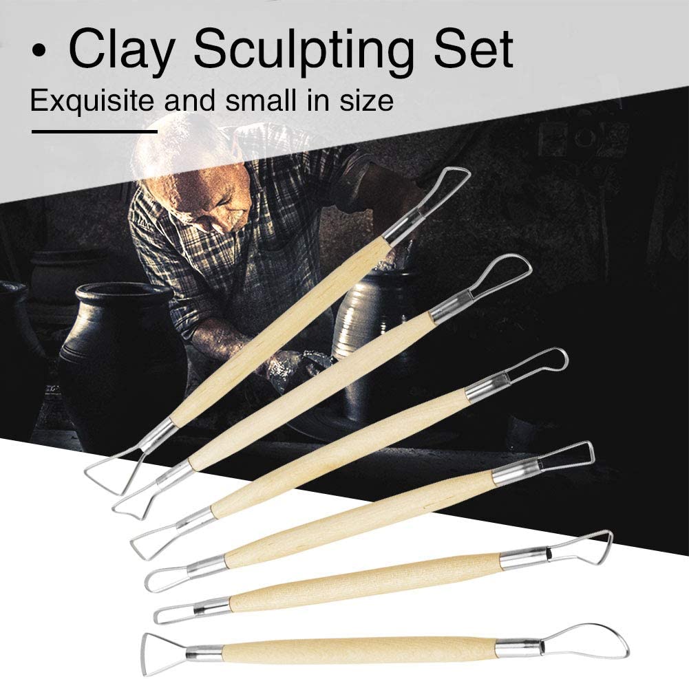 6Pcs Clay Sculpting Tools, Wooden Handle Double Ended Wax Carving Clay Sculpting Tools Set Pottery Modelling Shaping Craft Kit