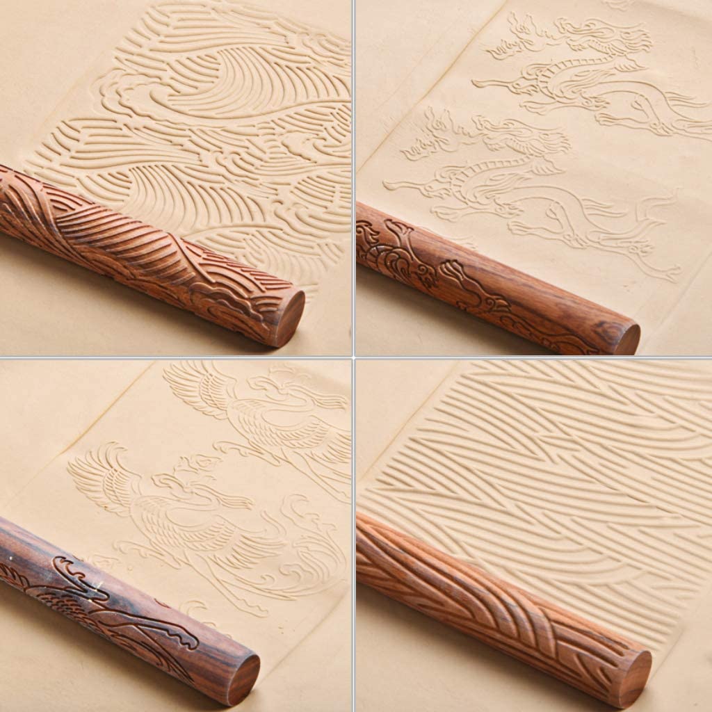 OwnMy Set of 10 Clay Modeling Pattern Rollers Kit, Dragon Phoenix Propitious Clouds 3D Geometry Cookie Radial Rays Prismatic Wood Wave Pattern Clay Rolling Pin Textured Wooden Handle Pottery Tools Set