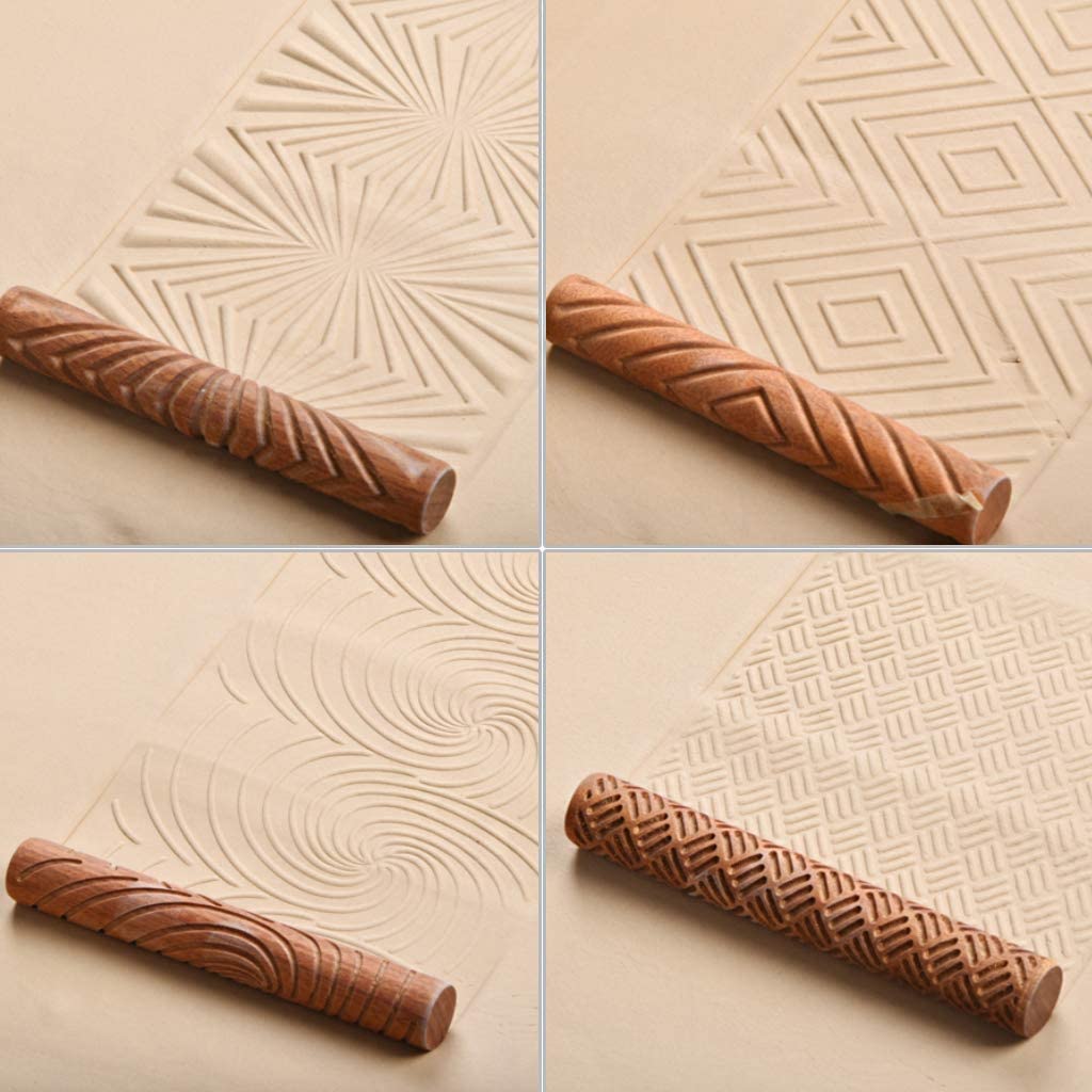 OwnMy Set of 10 Clay Modeling Pattern Rollers Kit, Dragon Phoenix Propitious Clouds 3D Geometry Cookie Radial Rays Prismatic Wood Wave Pattern Clay Rolling Pin Textured Wooden Handle Pottery Tools Set