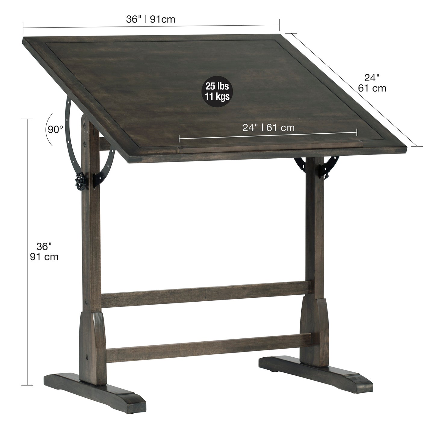 Vintage Solid Wood Drawing, Drafting Table with 36" Adjustable Tilting Top, 36''W x 24''D, Distressed Black