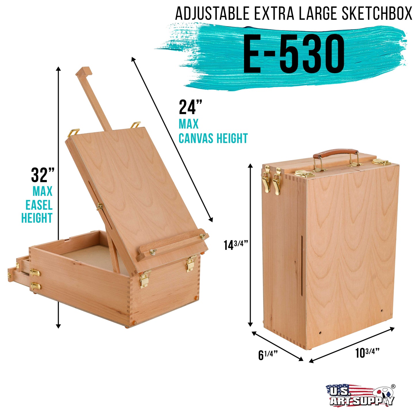 U.S. Art Supply Grand Cayman 2 Drawer Adjustable Wood Table Sketchbox Easel, Wooden Artist Desktop Storage Case, Palette