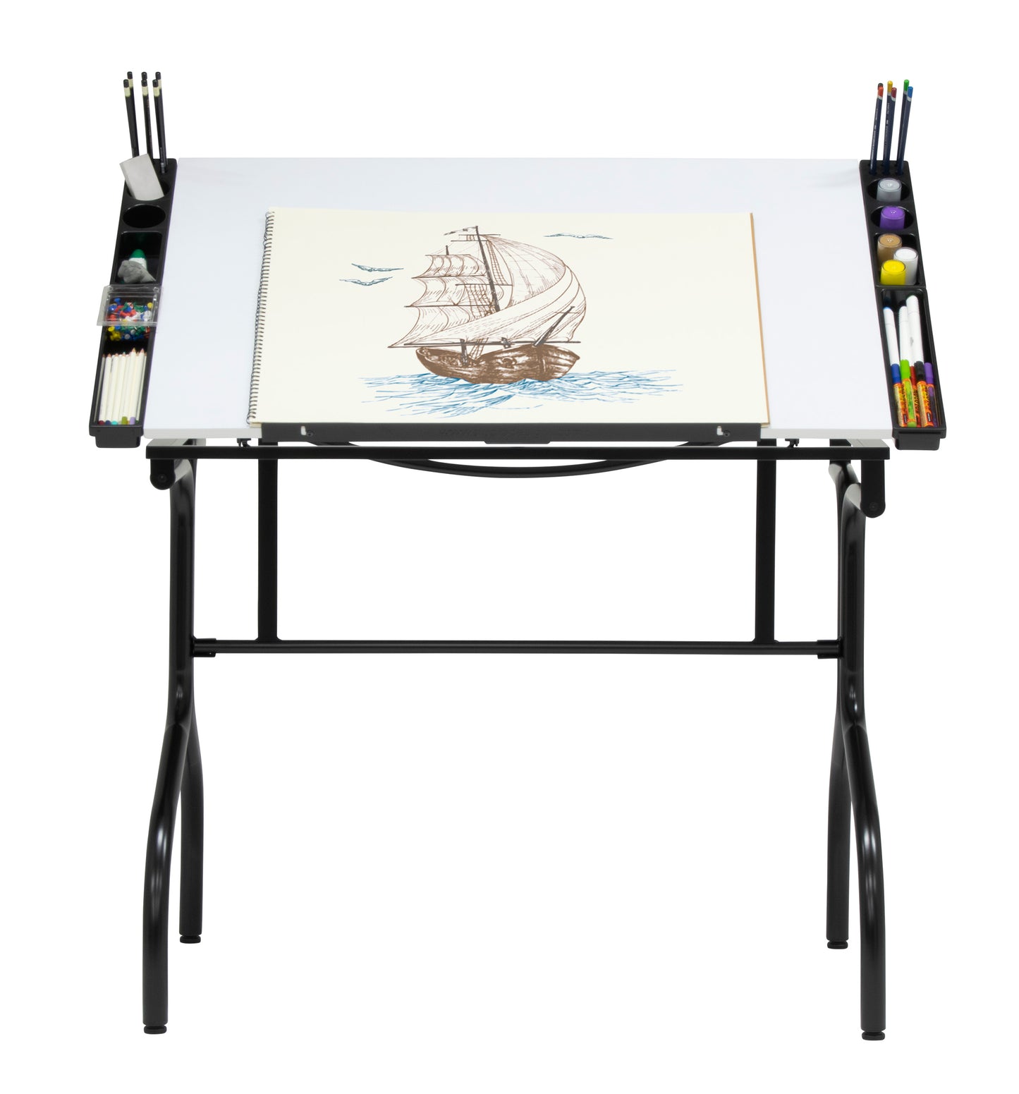 Studio Designs Metal Folding Drafting Table, Black, Wood Top