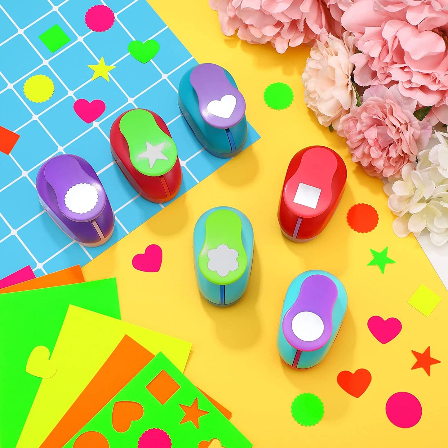 Craft Holes Punch 1 Inch Paper Punchers Scrapbook Punches with Craft Sticker Paper, Round, Star, Square, Heart, Flower, Wave Circle Shape (16 Pieces)