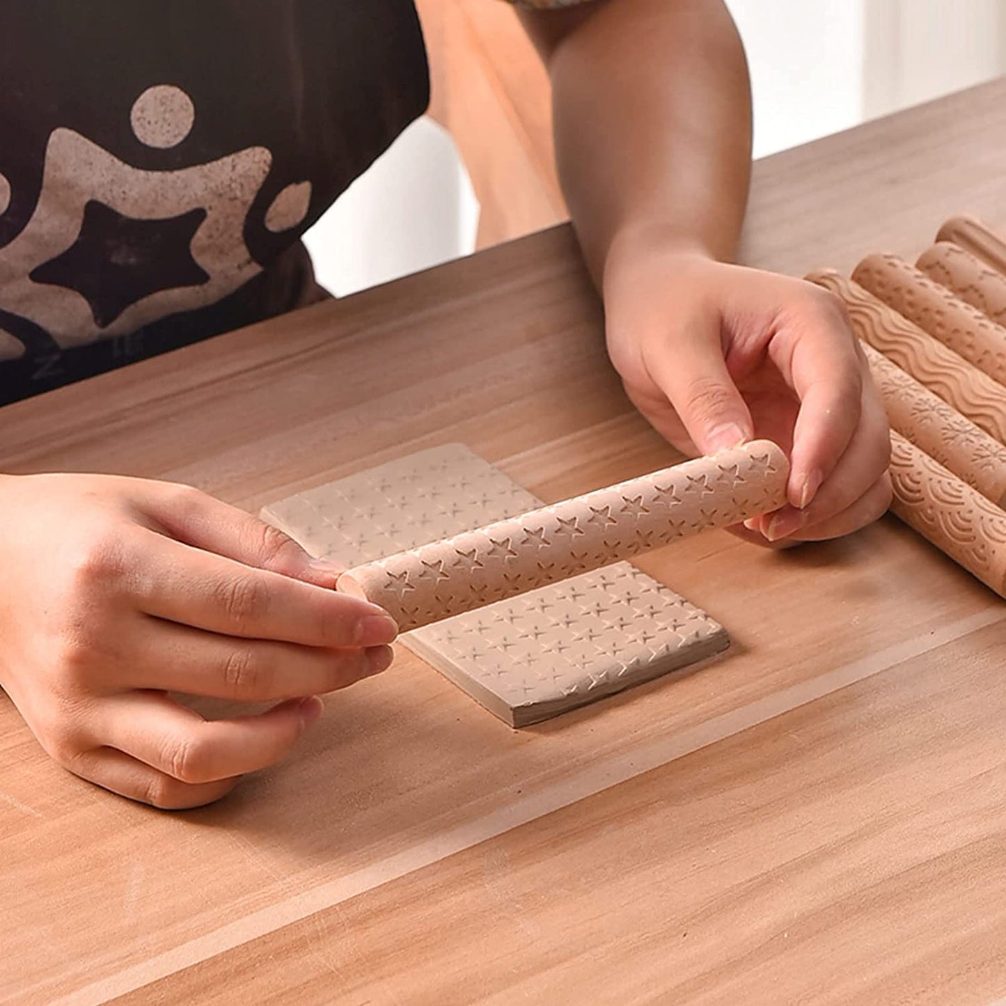 PLAYDAY 6Pcs Clay Modeling Pattern Rollers, Large Texture Rollers for Clay Wooden Handle,Rolling Pottery Ceramic Carved Tools