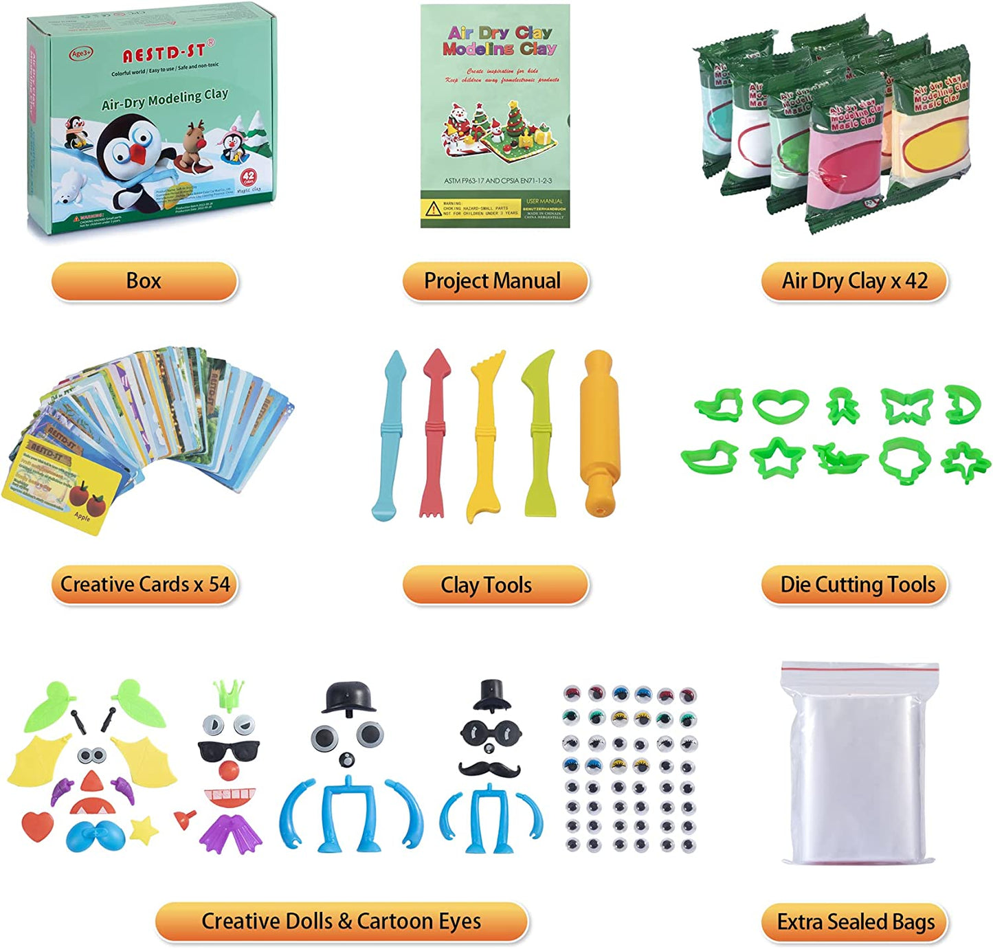 AESTD-ST Air Dry Clay Kit, 42 Corlors Modeling Clay for Kids, Safe & Non-Toxic Super Light DIY Soft Magic Clay, Molding Clay with Sculpting Tools and Tutorial Cards