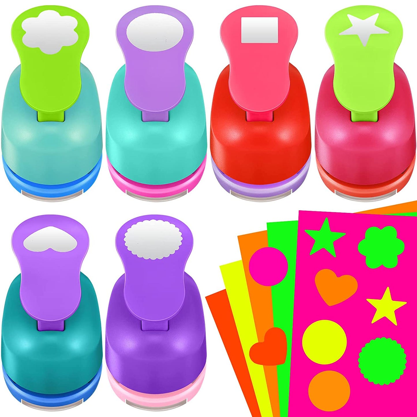 Craft Holes Punch 1 Inch Paper Punchers Scrapbook Punches with Craft Sticker Paper, Round, Star, Square, Heart, Flower, Wave Circle Shape (16 Pieces)