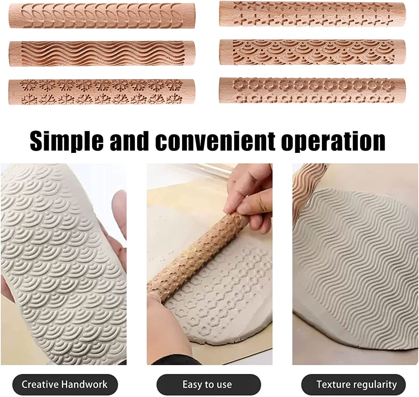 PLAYDAY 6Pcs Clay Modeling Pattern Rollers, Large Texture Rollers for Clay Wooden Handle,Rolling Pottery Ceramic Carved Tools