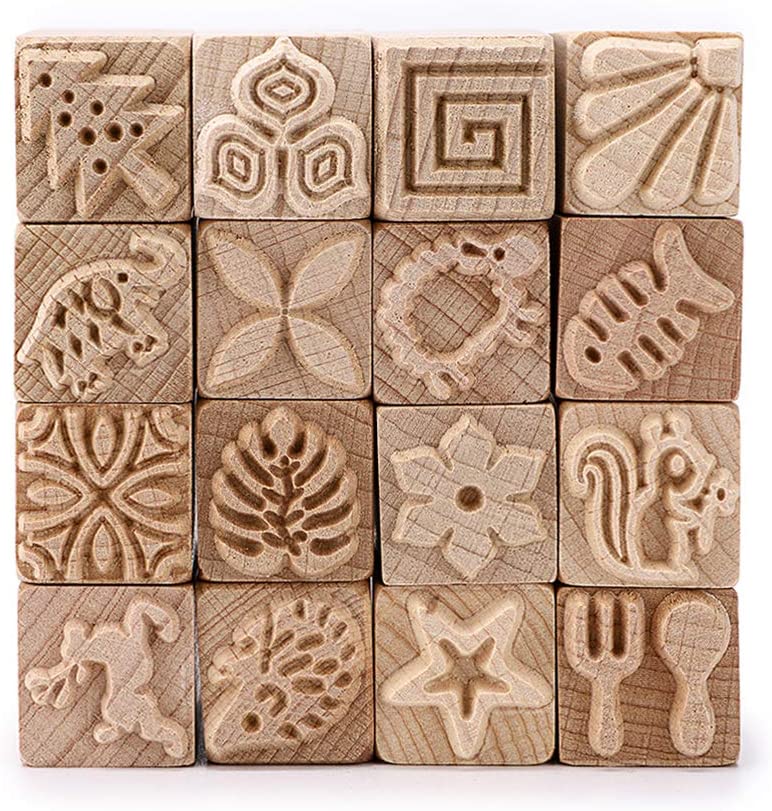 OWNMY Set of 16 Clay Modeling Pattern Stamp Kit, Wooden Clay Pottery Stamps Pottery Tool Wood Block Stamp, Clay Rolling Pin Textured Hand Roller Wooden Handle Pottery Tools Set