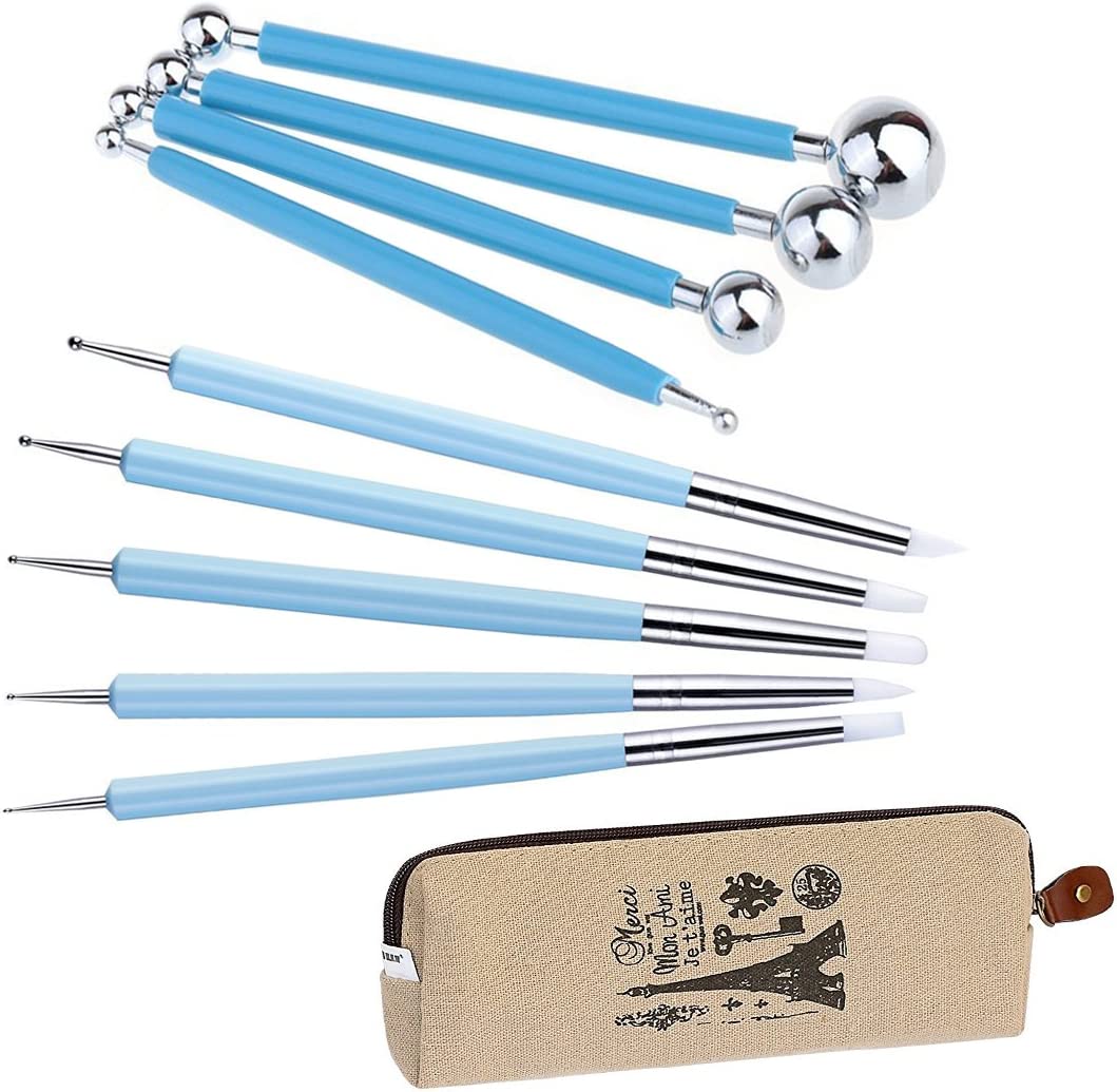 Ecjiuyi 9PCS Sculpting Tools,4PCS Double-Ended Metal Ceramic Clay Ball Stylus Dotting Tools and 5PCS 2 Way Silicone Polymer and Embossin Paper Flower Indentation Tool Set