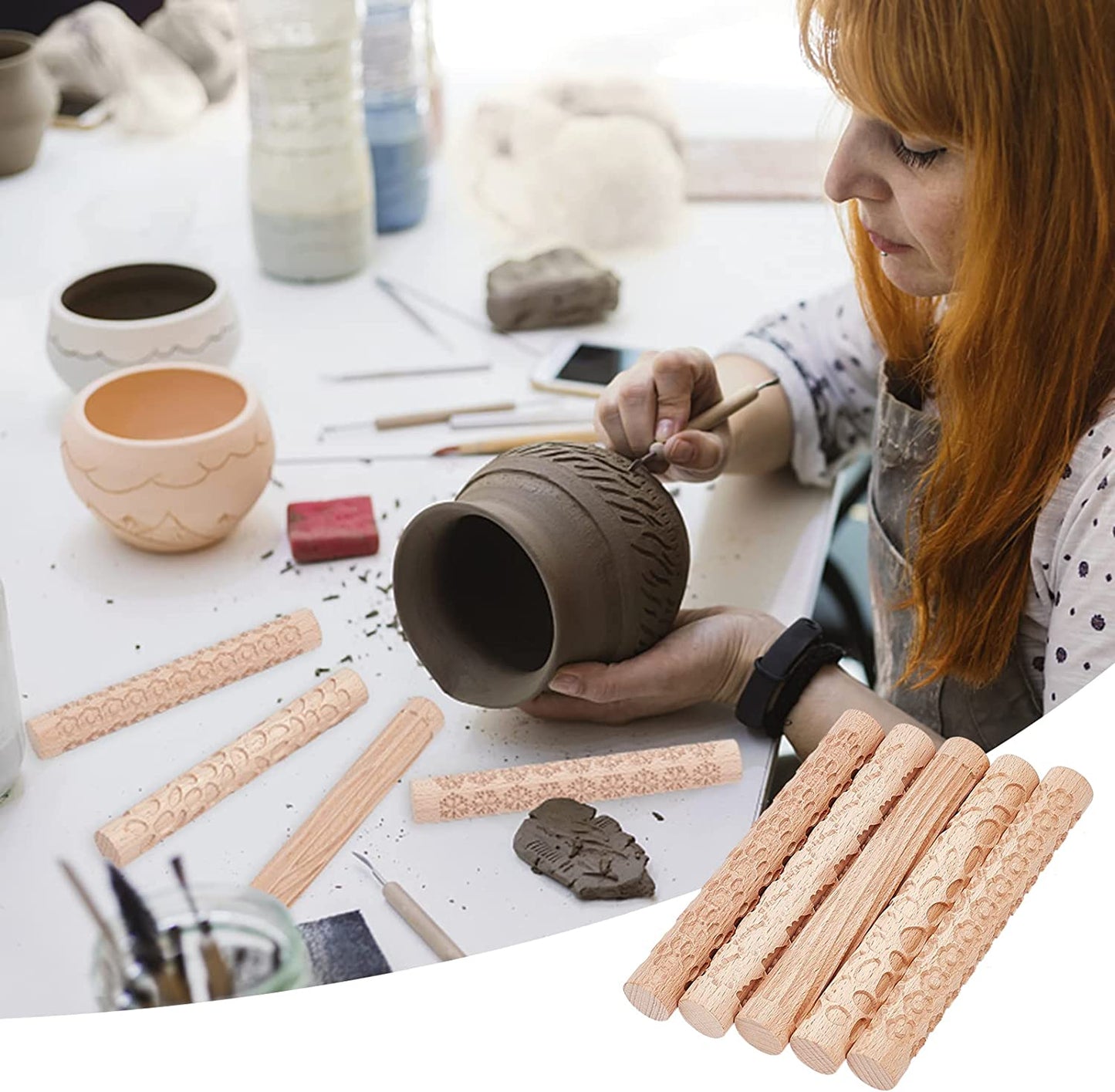 GORGECRAFT 6 Inch 5 Styles Wooden Handle Clay Texture Roller Modeling Pattern Pottery Tools Handmade Clay Slab Rollers Pins Leaves Wave Snowflake for Ceramics Pastries Cookies or DIY Projects