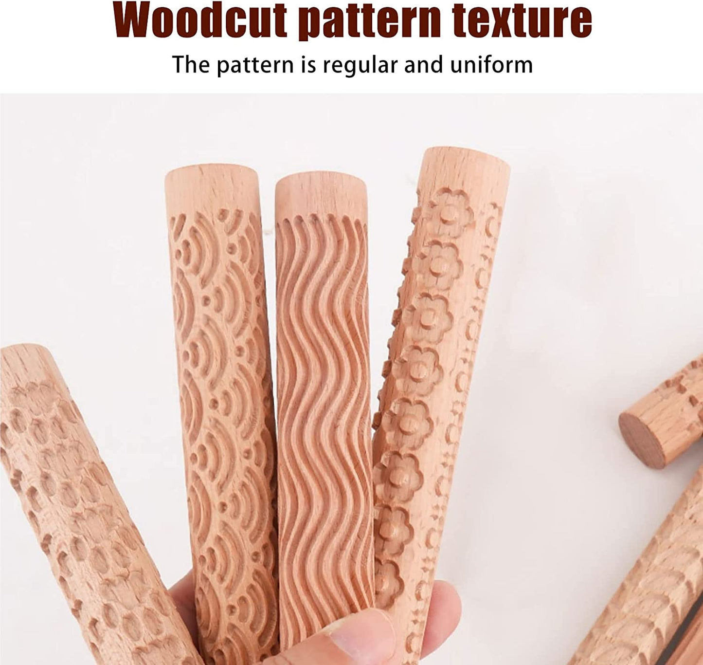 PLAYDAY 6Pcs Clay Modeling Pattern Rollers, Large Texture Rollers for Clay Wooden Handle,Rolling Pottery Ceramic Carved Tools