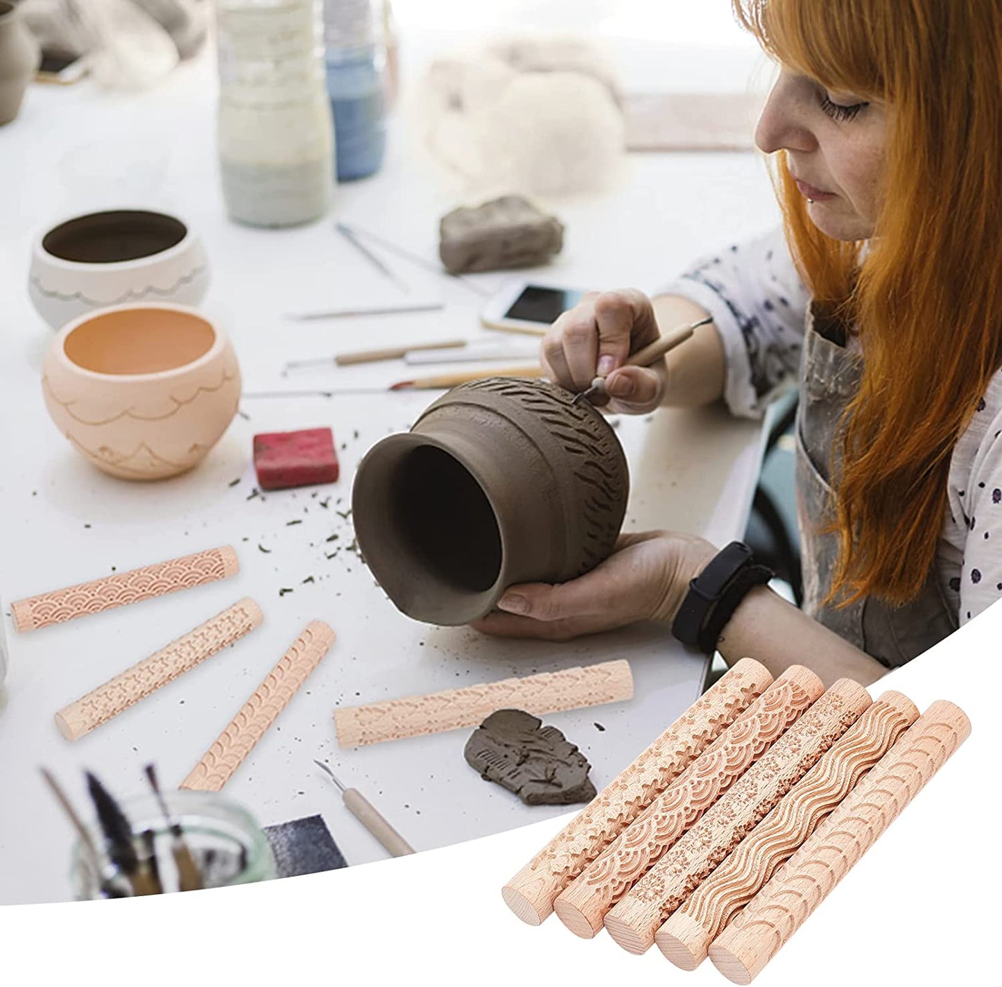 GORGECRAFT 6 Inch 5 Styles Wooden Handle Clay Texture Roller Modeling Pattern Pottery Tools Handmade Clay Slab Rollers Pins Leaves Wave Snowflake for Ceramics Pastries Cookies or DIY Projects