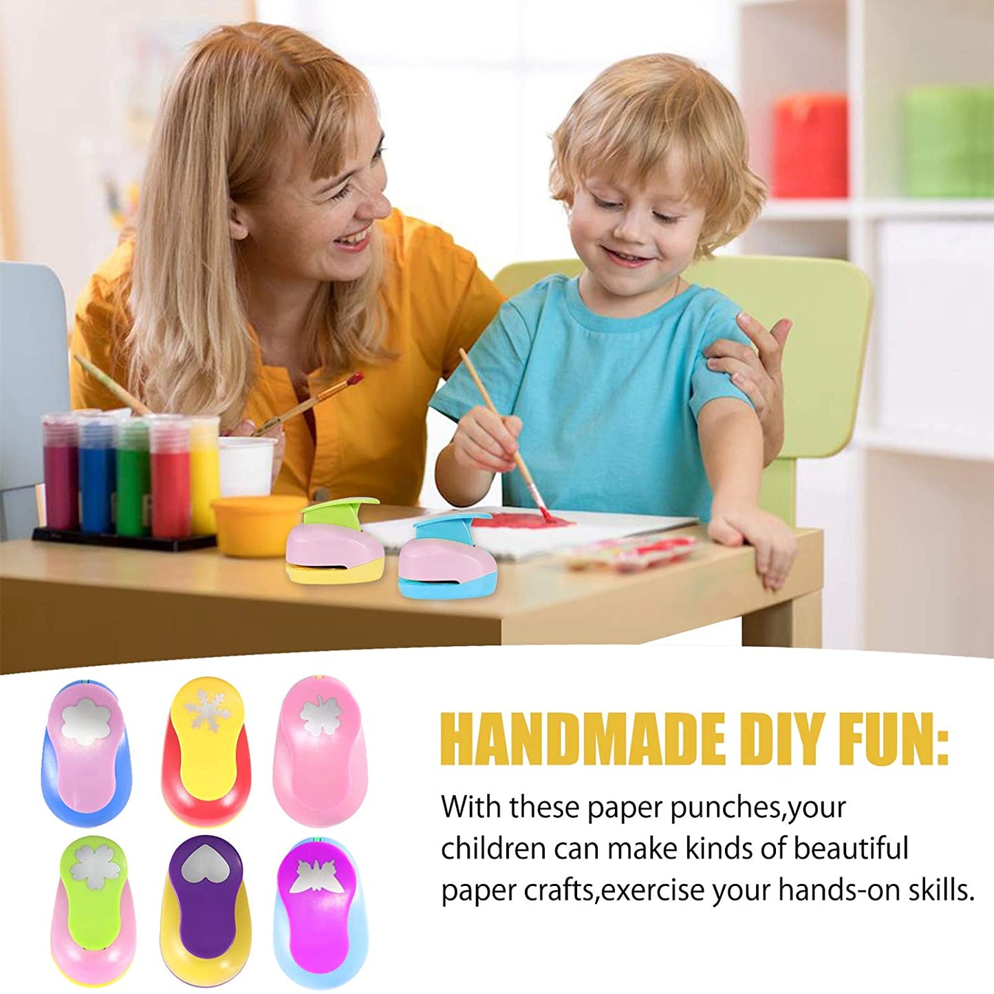 Kids Paper Puncher Hole Scrapbook Punches with 10 Glitter Sticker Paper, Heart Star Circle Shape