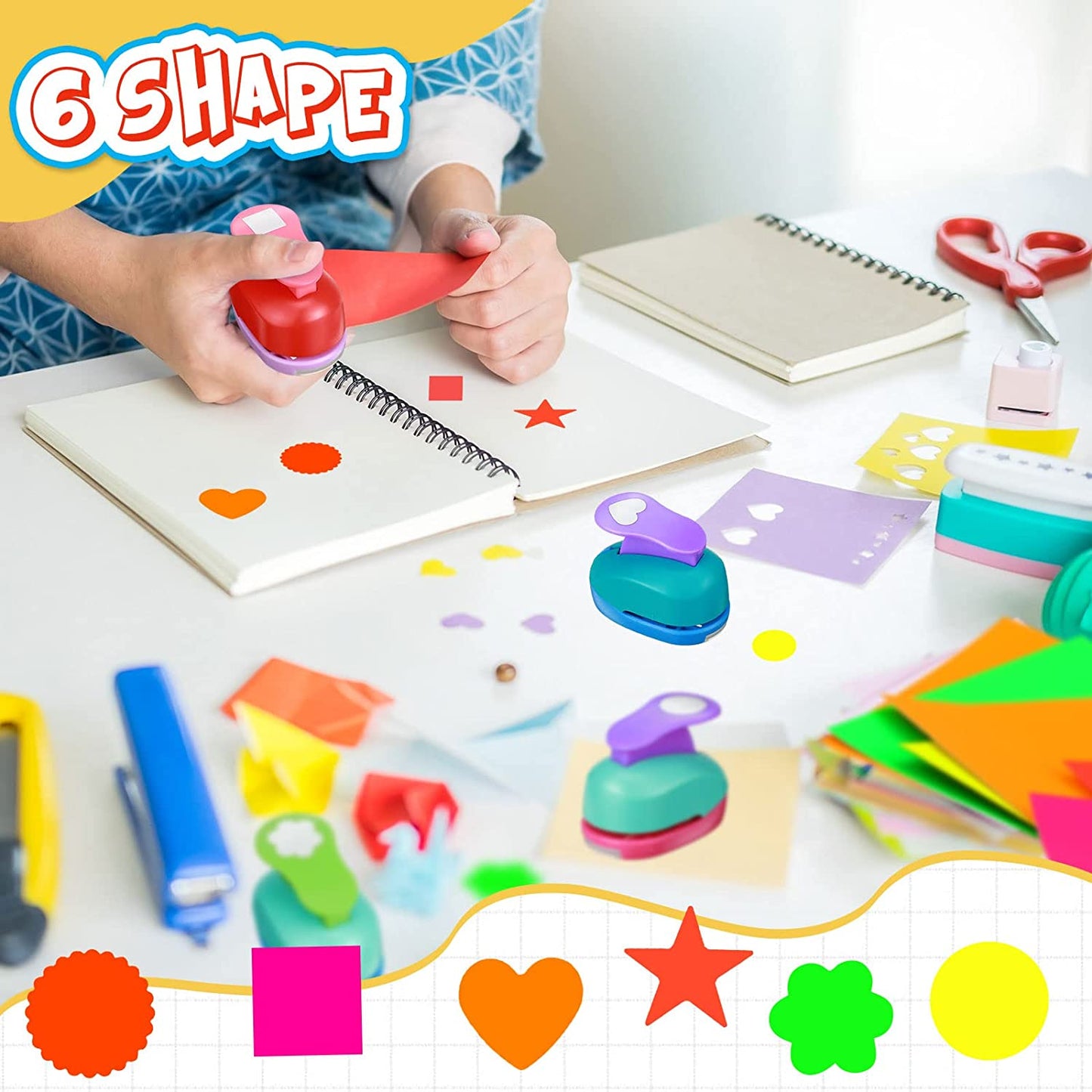 Craft Holes Punch 1 Inch Paper Punchers Scrapbook Punches with Craft Sticker Paper, Round, Star, Square, Heart, Flower, Wave Circle Shape (16 Pieces)
