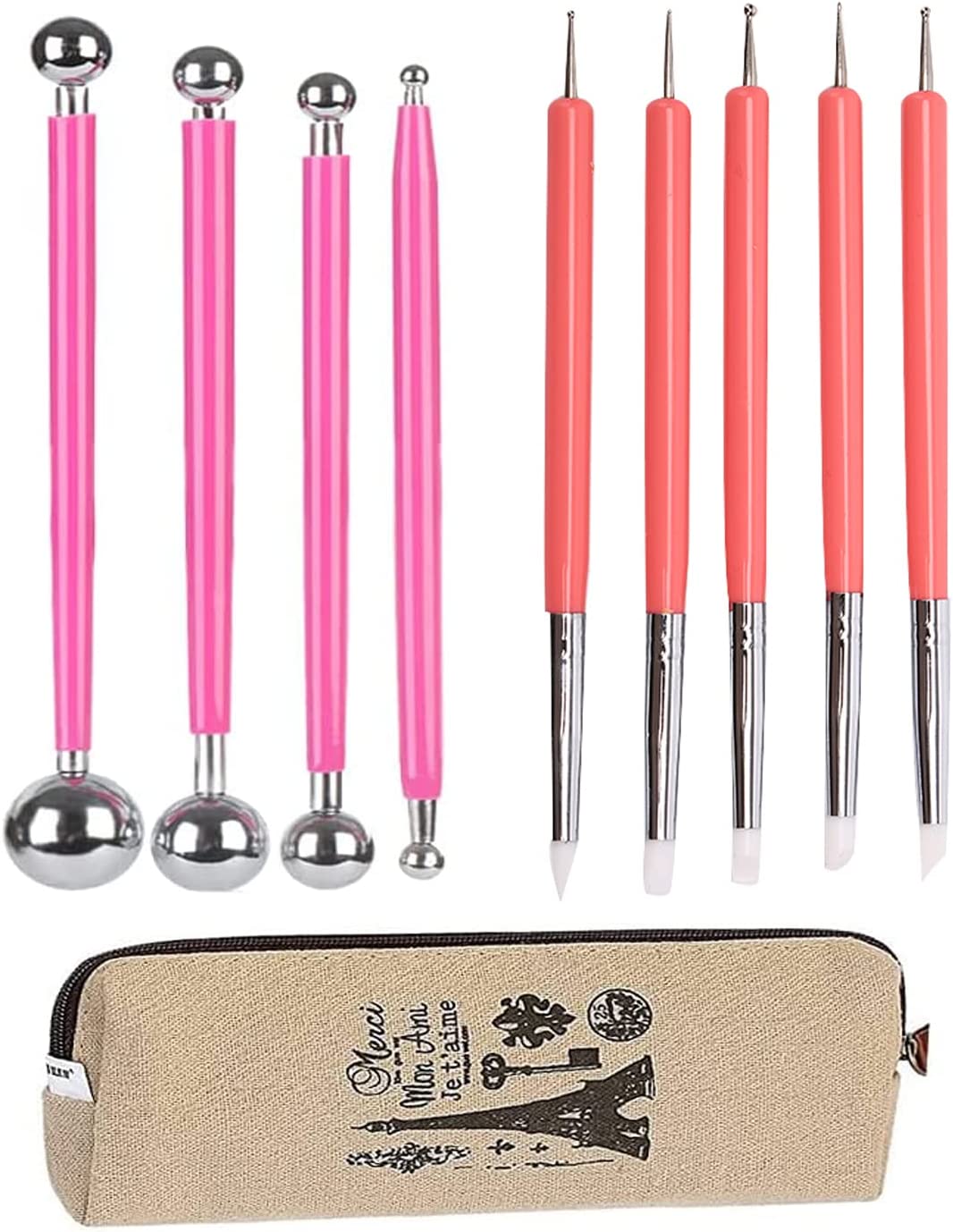 Ecjiuyi 9PCS Sculpting Tools,4PCS Double-Ended Metal Ceramic Clay Ball Stylus Dotting Tools and 5PCS 2 Way Silicone Polymer and Embossin Paper Flower Indentation Tool Set