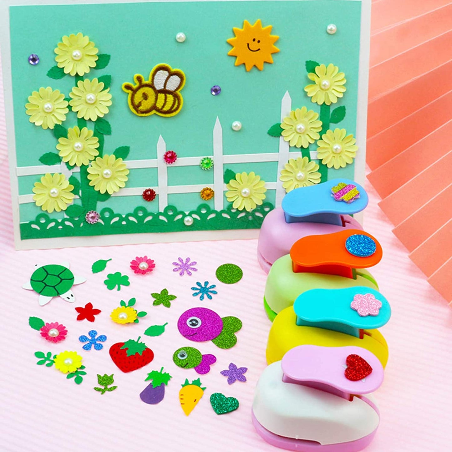 Kids Paper Puncher Hole Scrapbook Punches with 10 Glitter Sticker Paper, Heart Star Circle Shape