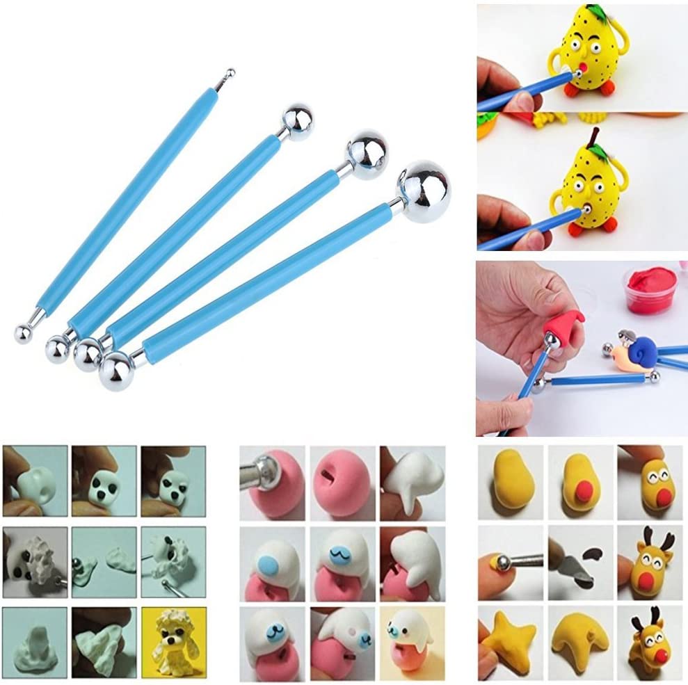 Ecjiuyi 9PCS Sculpting Tools,4PCS Double-Ended Metal Ceramic Clay Ball Stylus Dotting Tools and 5PCS 2 Way Silicone Polymer and Embossin Paper Flower Indentation Tool Set