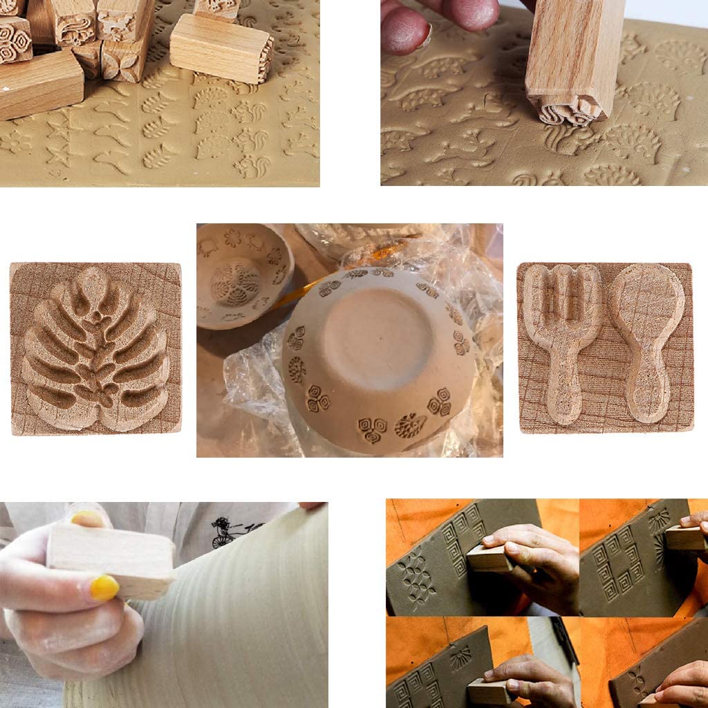 OWNMY Set of 16 Clay Modeling Pattern Stamp Kit, Wooden Clay Pottery Stamps Pottery Tool Wood Block Stamp, Clay Rolling Pin Textured Hand Roller Wooden Handle Pottery Tools Set
