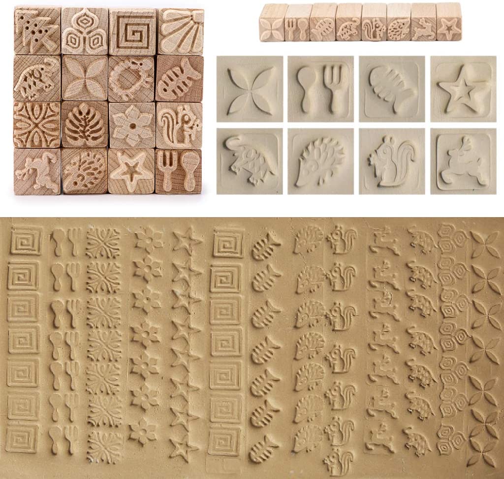 OWNMY Set of 16 Clay Modeling Pattern Stamp Kit, Wooden Clay Pottery Stamps Pottery Tool Wood Block Stamp, Clay Rolling Pin Textured Hand Roller Wooden Handle Pottery Tools Set