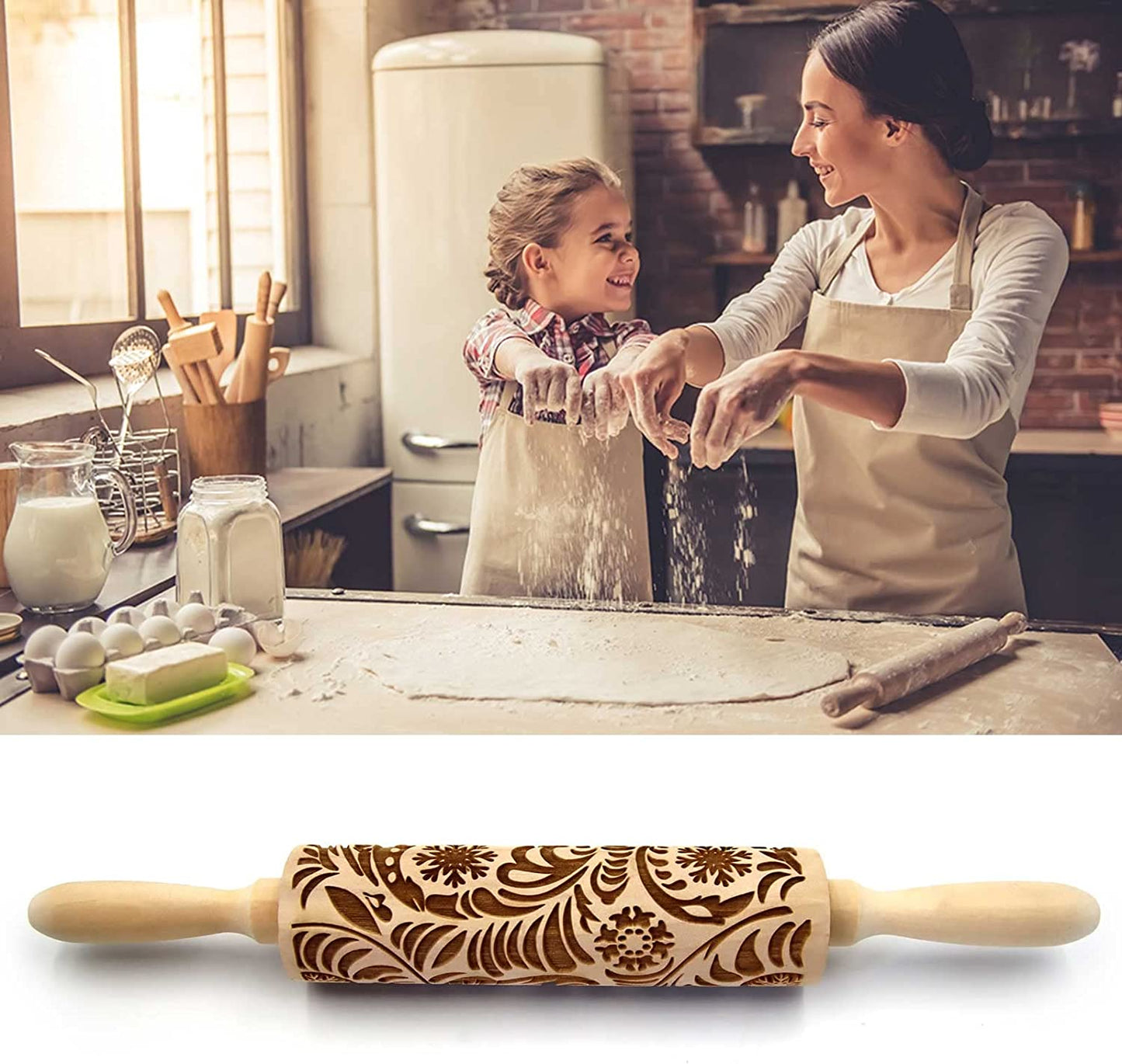 ARTEZA embossed / Patterned rolling pin,Engraved rolling pin, 3D Rolling Pin(Wisteria 1)