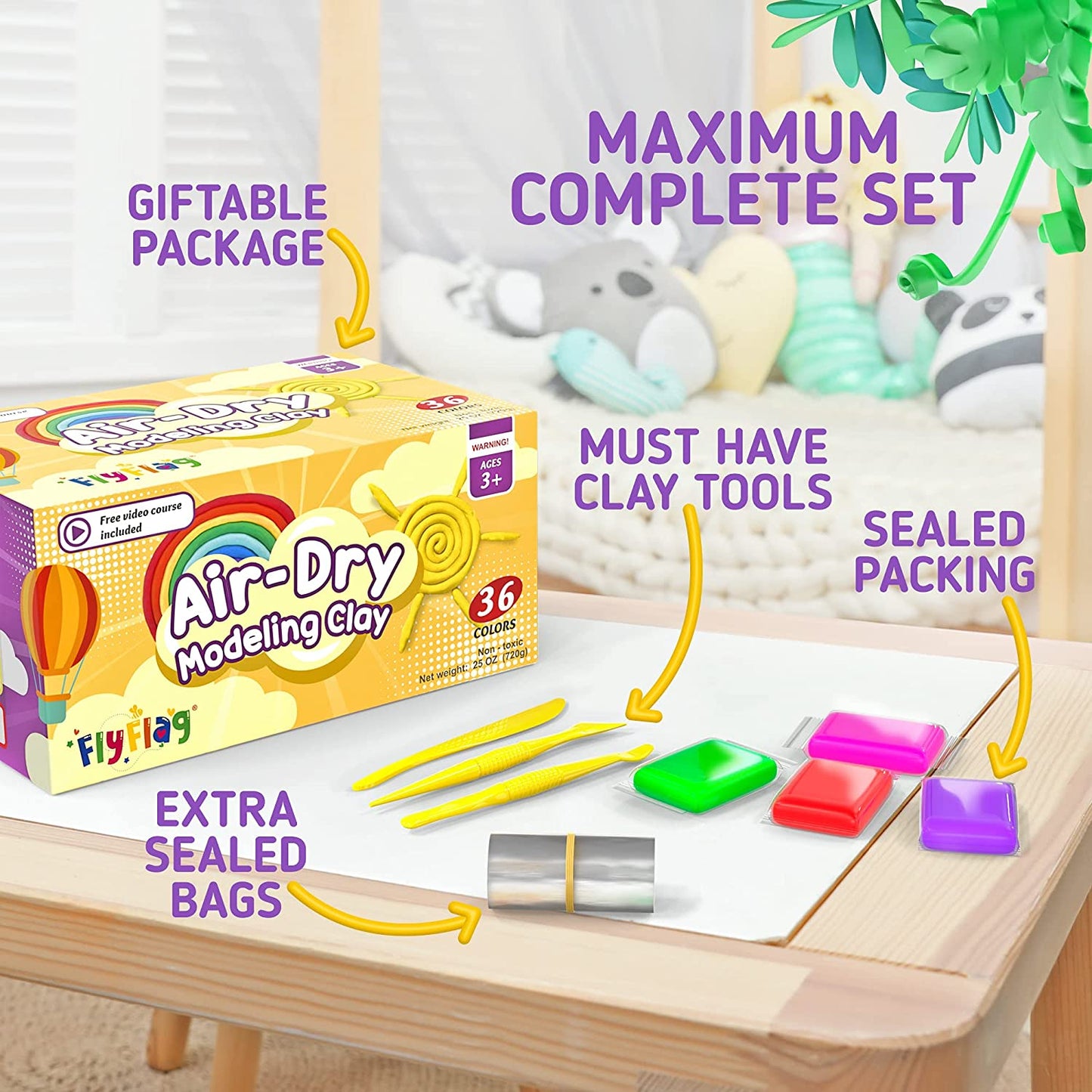 FLYFLAG Air Dry Clay 36 Colors, Soft & Ultra Light, Modeling Clay with Accessories, Tools and Tutorials