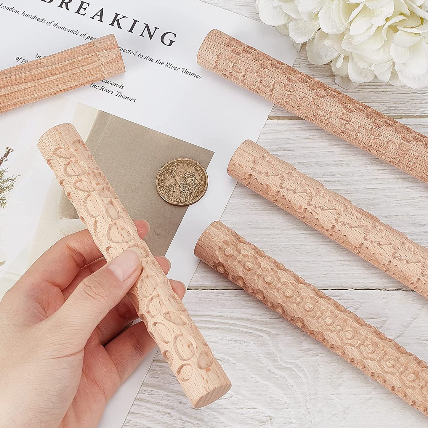 GORGECRAFT 6 Inch 5 Styles Wooden Handle Clay Texture Roller Modeling Pattern Pottery Tools Handmade Clay Slab Rollers Pins Leaves Wave Snowflake for Ceramics Pastries Cookies or DIY Projects