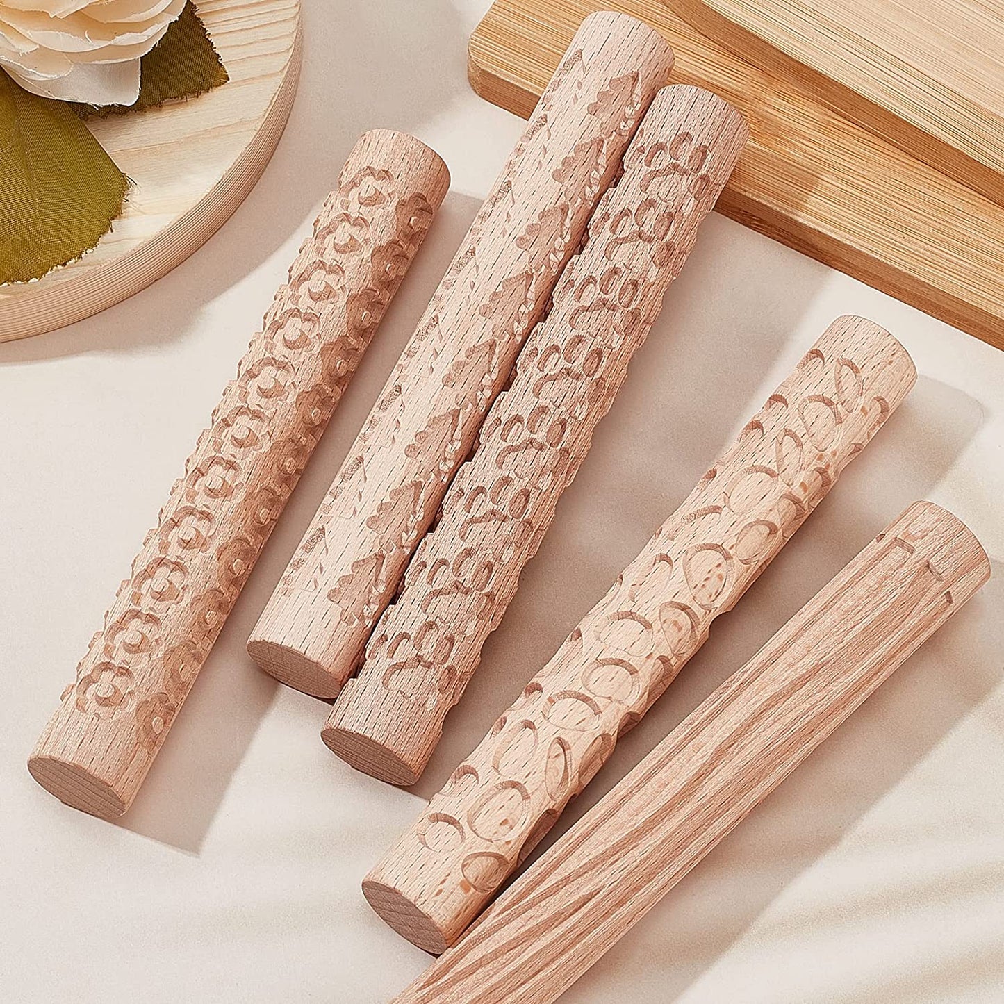 GORGECRAFT 6 Inch 5 Styles Wooden Handle Clay Texture Roller Modeling Pattern Pottery Tools Handmade Clay Slab Rollers Pins Leaves Wave Snowflake for Ceramics Pastries Cookies or DIY Projects