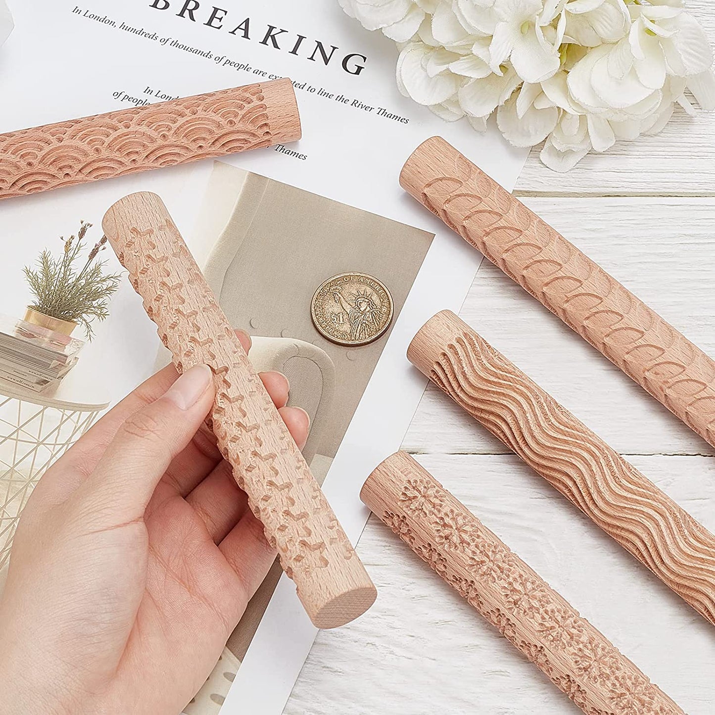 GORGECRAFT 6 Inch 5 Styles Wooden Handle Clay Texture Roller Modeling Pattern Pottery Tools Handmade Clay Slab Rollers Pins Leaves Wave Snowflake for Ceramics Pastries Cookies or DIY Projects