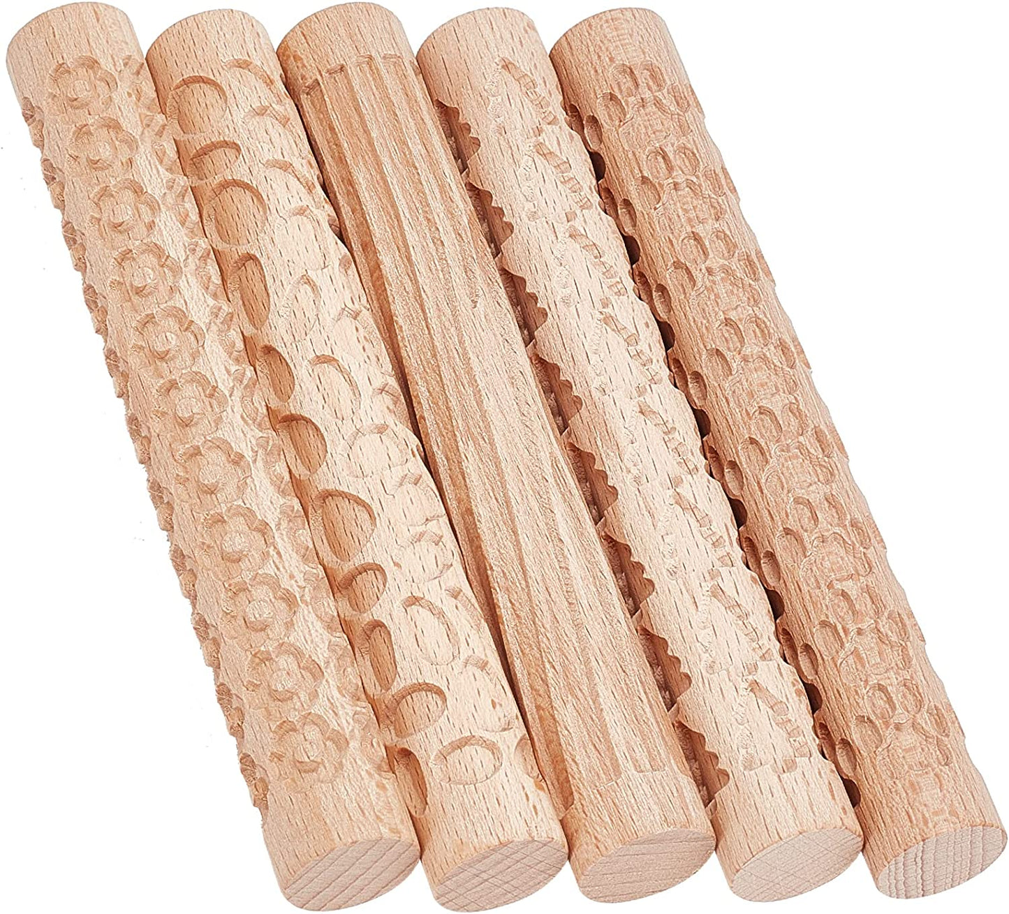 GORGECRAFT 6 Inch 5 Styles Wooden Handle Clay Texture Roller Modeling Pattern Pottery Tools Handmade Clay Slab Rollers Pins Leaves Wave Snowflake for Ceramics Pastries Cookies or DIY Projects