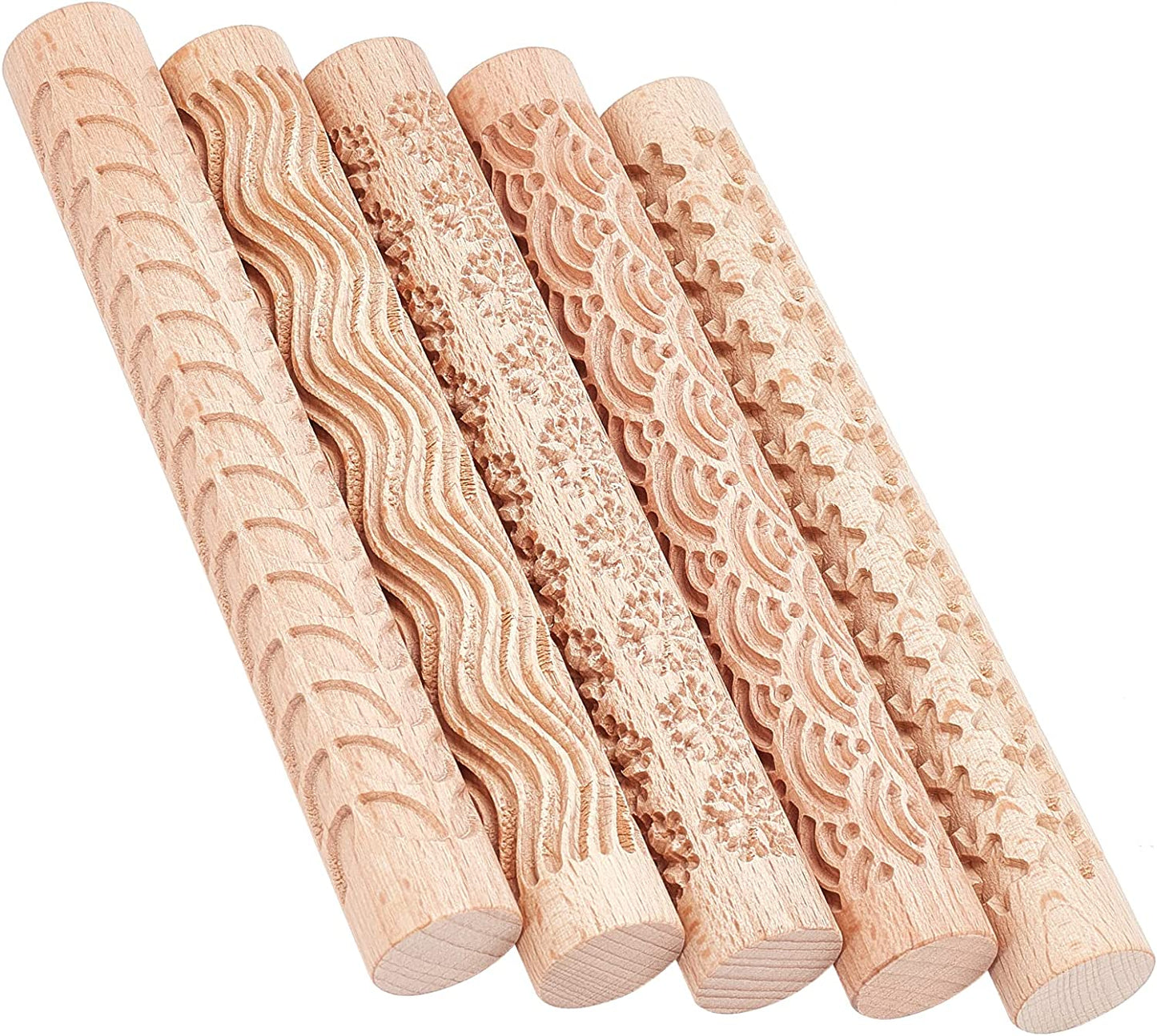 GORGECRAFT 6 Inch 5 Styles Wooden Handle Clay Texture Roller Modeling Pattern Pottery Tools Handmade Clay Slab Rollers Pins Leaves Wave Snowflake for Ceramics Pastries Cookies or DIY Projects