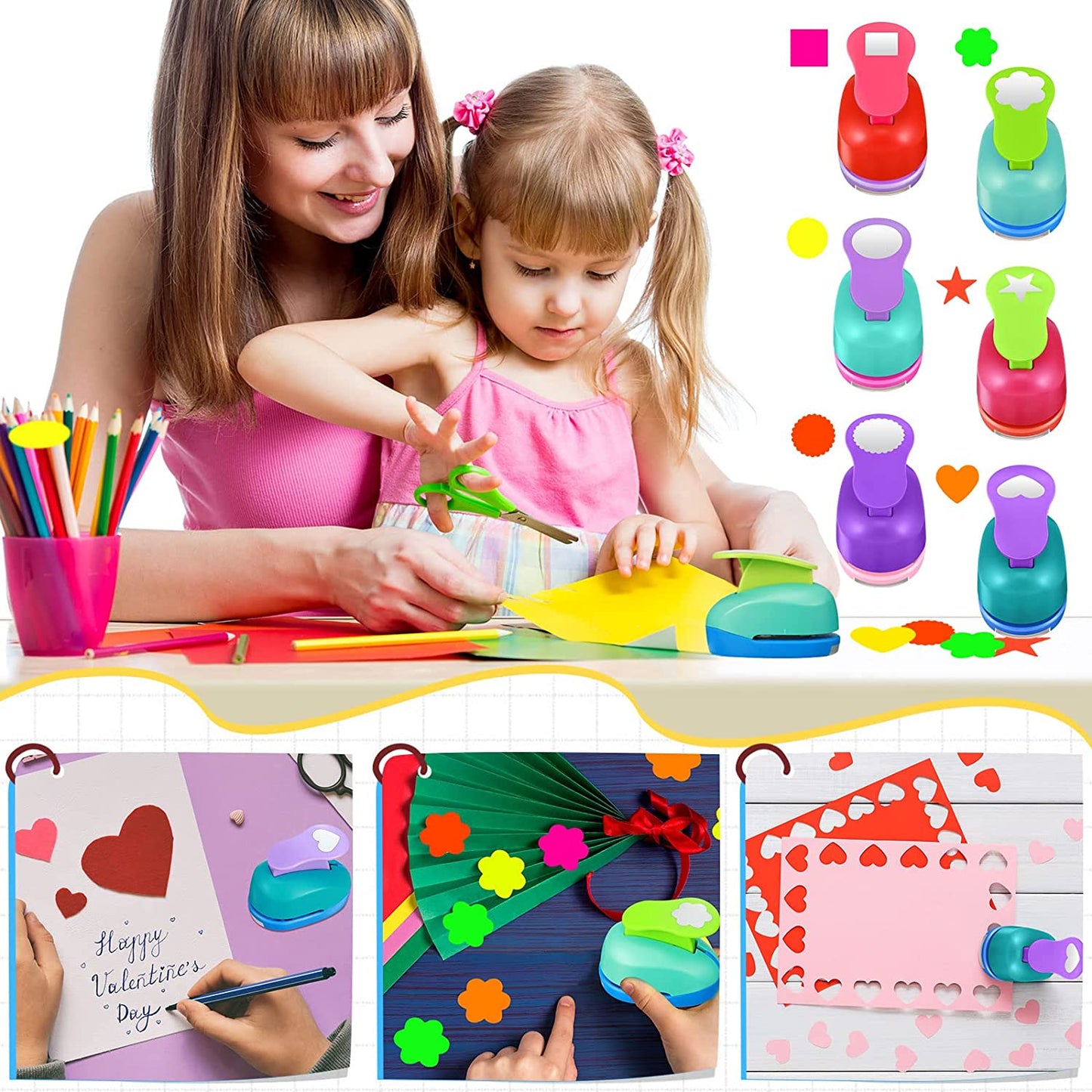 Craft Holes Punch 1 Inch Paper Punchers Scrapbook Punches with Craft Sticker Paper, Round, Star, Square, Heart, Flower, Wave Circle Shape (16 Pieces)