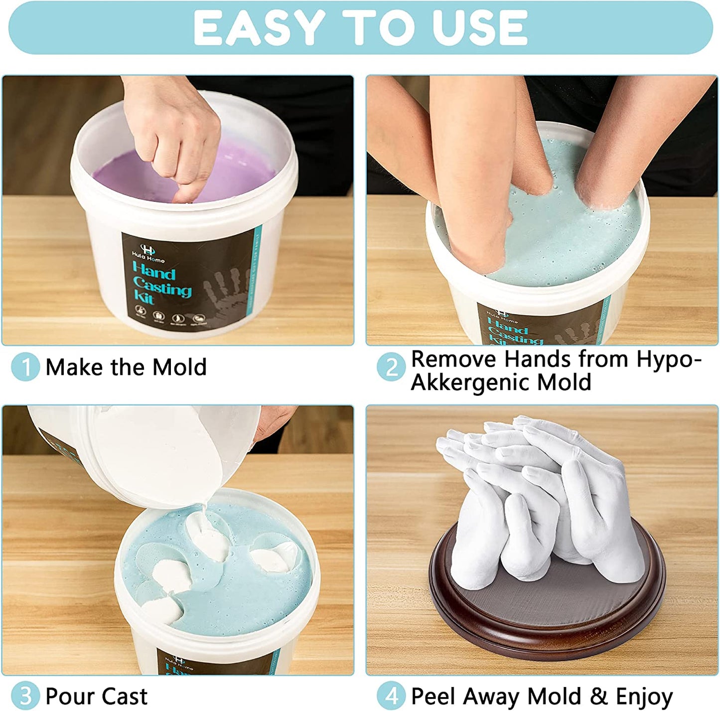 XL DIY Hands Casting Kit for Up to 6 People (Adults and Childrens) | Includes Wood Base | Statue Molding Kit | Hand Mold Keepsake Sculpture Kit for Birthday, Wedding, Anniversary