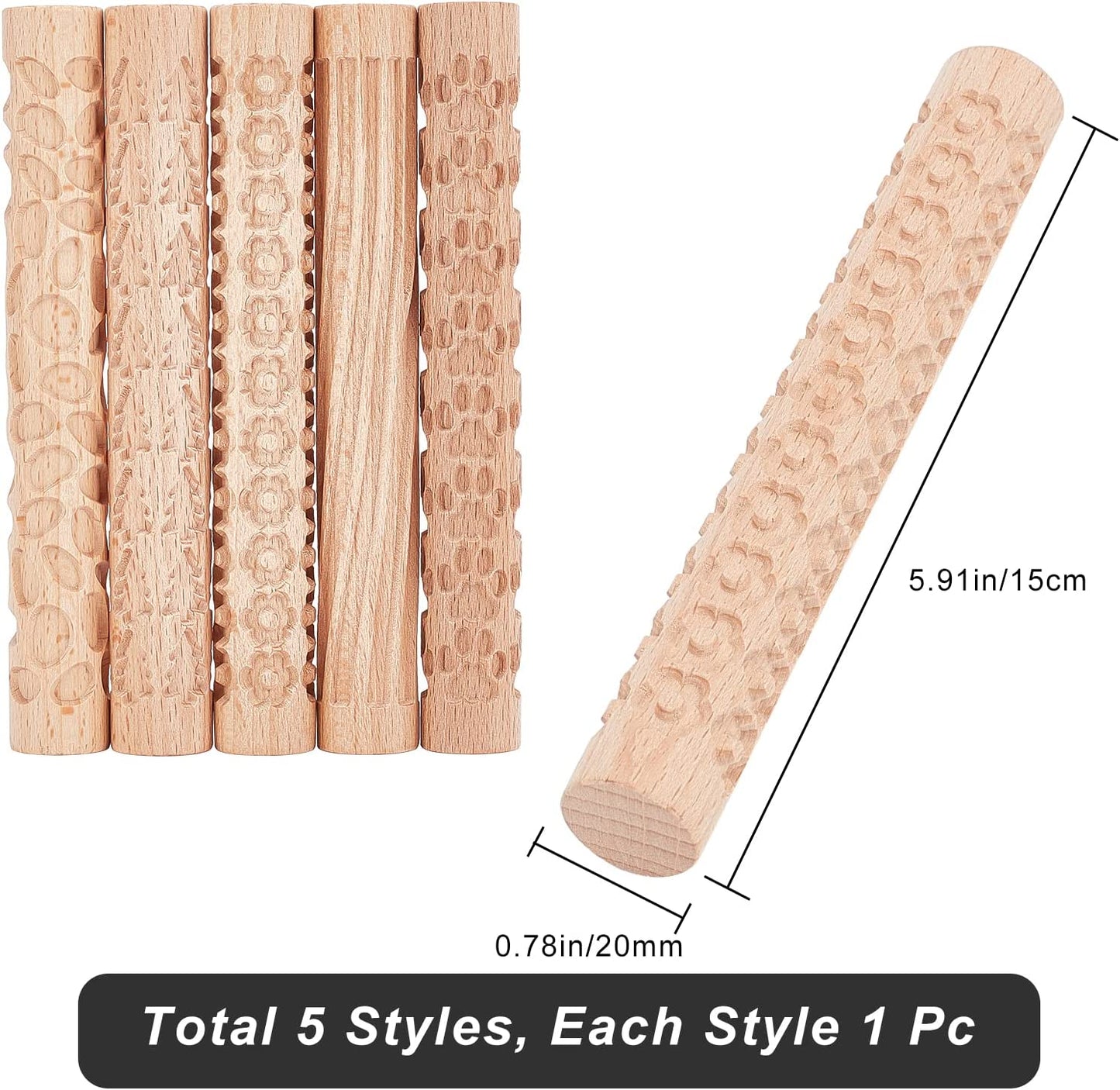 GORGECRAFT 6 Inch 5 Styles Wooden Handle Clay Texture Roller Modeling Pattern Pottery Tools Handmade Clay Slab Rollers Pins Leaves Wave Snowflake for Ceramics Pastries Cookies or DIY Projects