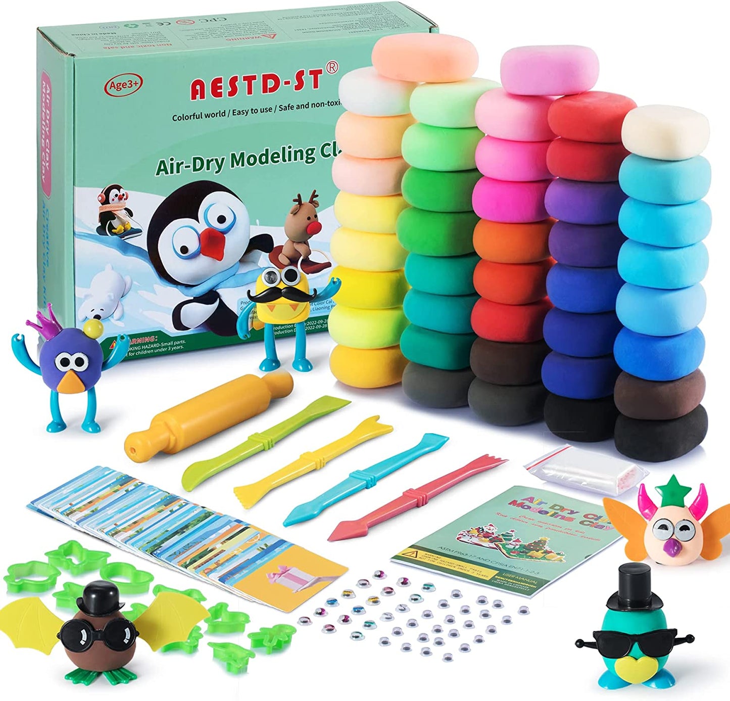 AESTD-ST Air Dry Clay Kit, 42 Corlors Modeling Clay for Kids, Safe & Non-Toxic Super Light DIY Soft Magic Clay, Molding Clay with Sculpting Tools and Tutorial Cards