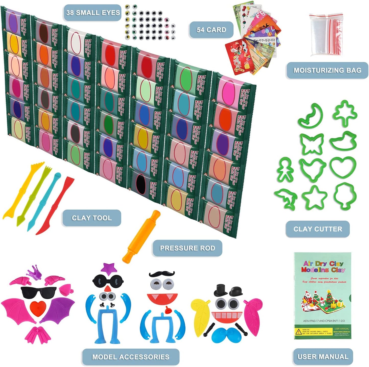 AESTD-ST Air Dry Clay Kit, 42 Corlors Modeling Clay for Kids, Safe & Non-Toxic Super Light DIY Soft Magic Clay, Molding Clay with Sculpting Tools and Tutorial Cards