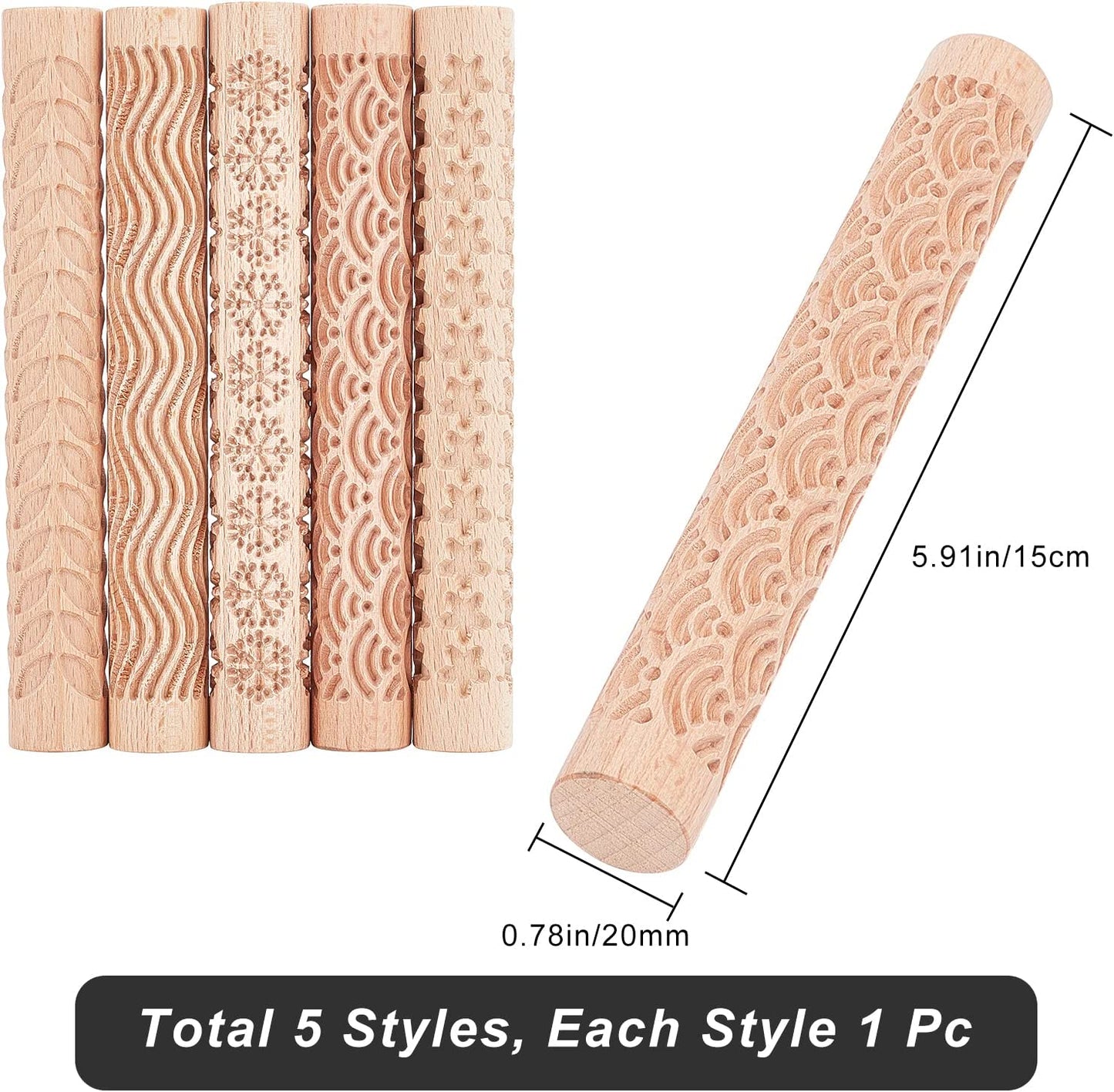 GORGECRAFT 6 Inch 5 Styles Wooden Handle Clay Texture Roller Modeling Pattern Pottery Tools Handmade Clay Slab Rollers Pins Leaves Wave Snowflake for Ceramics Pastries Cookies or DIY Projects