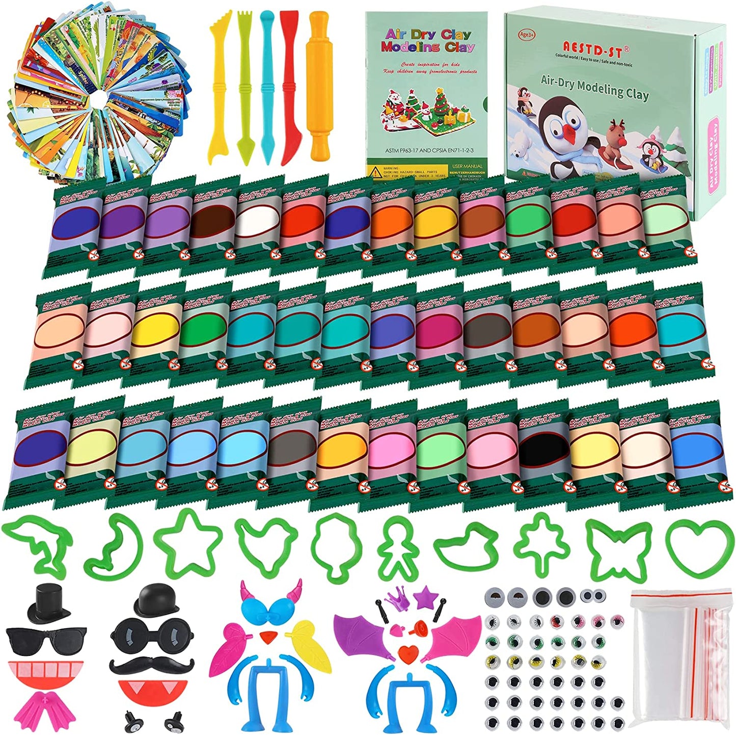 AESTD-ST Air Dry Clay Kit, 42 Corlors Modeling Clay for Kids, Safe & Non-Toxic Super Light DIY Soft Magic Clay, Molding Clay with Sculpting Tools and Tutorial Cards