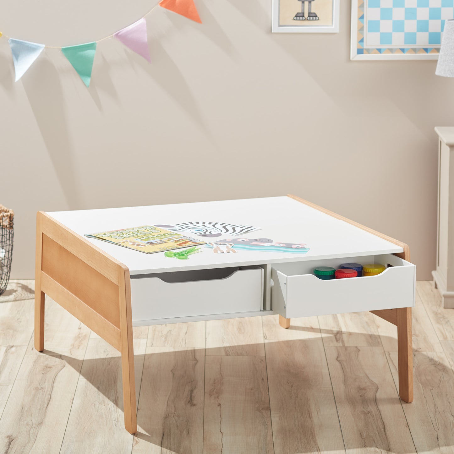 Melissa & Doug Wooden Art and Activity Table with 4 Wooden Bins - Kids Furniture for Playroom, Light Woodgrain and White 2-Tone Finish